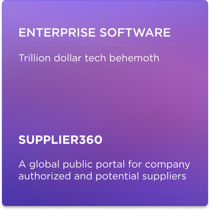 Slide with gradient purple background displaying text about enterprise software and a global public portal for suppliers.