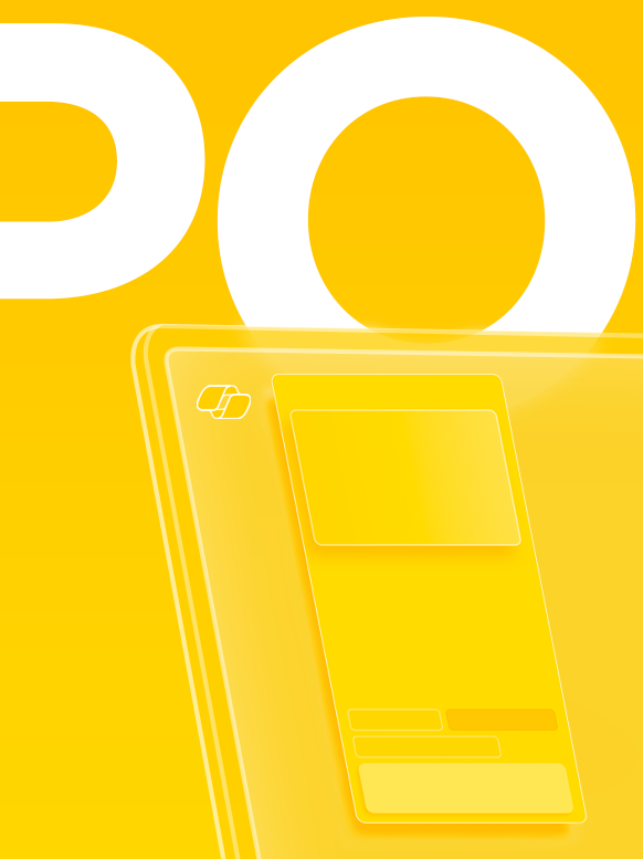 Yellow background with large white letter 'O' and a digital tablet with a stylized icon in the upper left corner.
