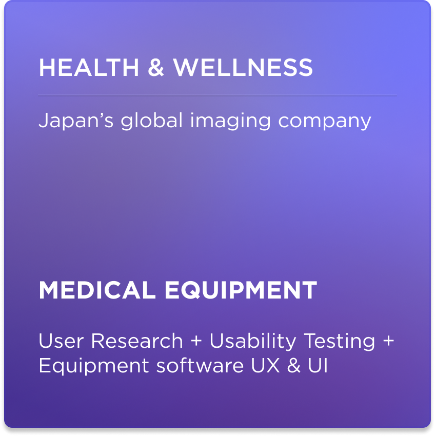 Purple gradient slide with white text about health, wellness, and medical equipment, including user research, usability testing, and UX/UI software.
