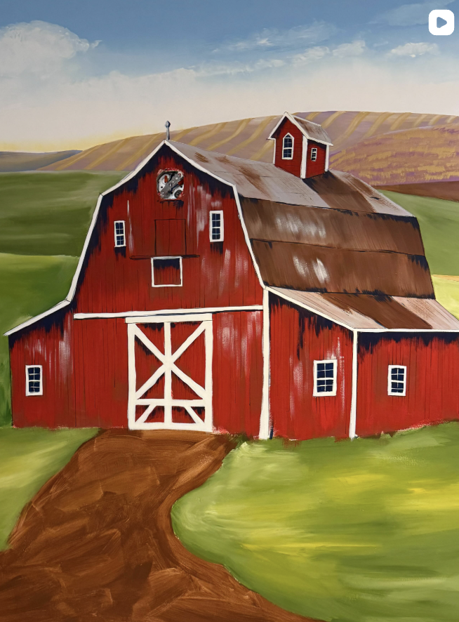 Painting of a red barn with white trim on a grassy landscape, with rolling hills and a blue sky in the background.