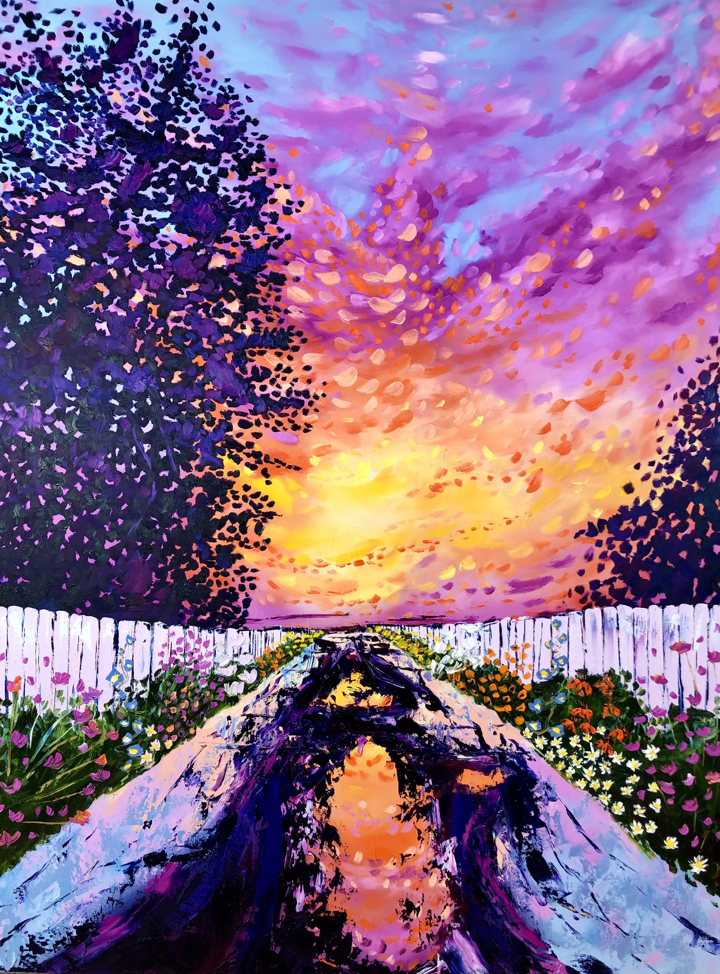 A vibrant impressionist painting of a sunset over a flower-lined pathway, with a purple sky and colorful clouds.