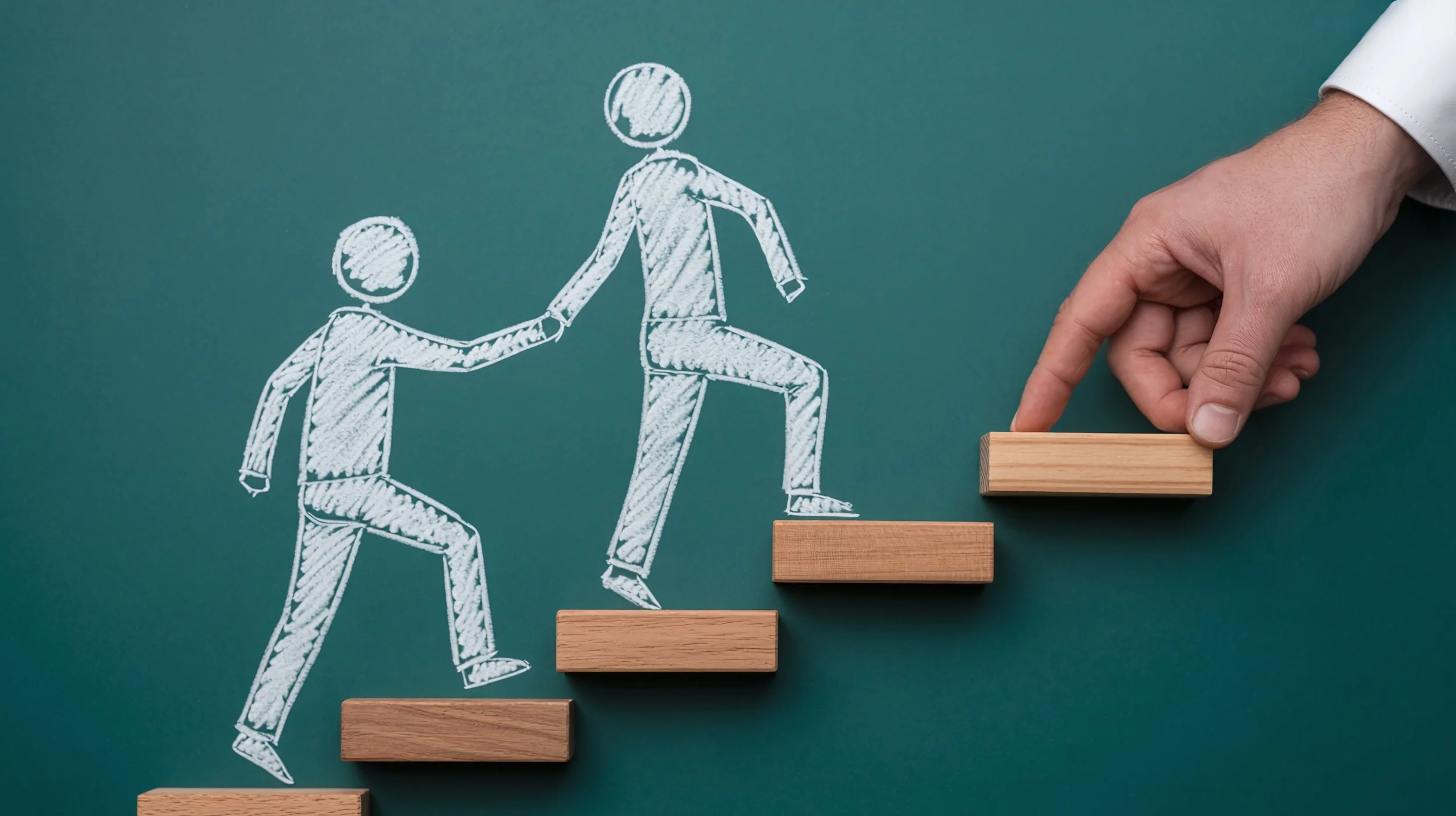Drawing of two stick figures holding hands on a green chalkboard, with wooden blocks representing stairs being moved to help one figure climb up.