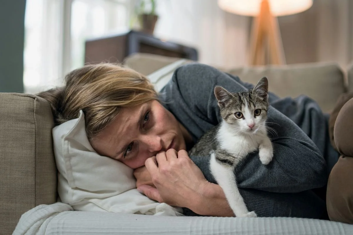 A woman with a sad expression lying on a couch with her head on a pillow, holding a gray and white kitten, in a cozy living room with a lamp and window in the background.