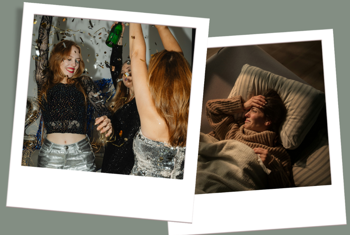 Two Polaroid pictures, one showing a woman smiling and dancing with friends at a party with confetti, dressed in fashionable clothing, and the other showing the woman in bed crying, indicating that the woman has Bipolar Disorder.