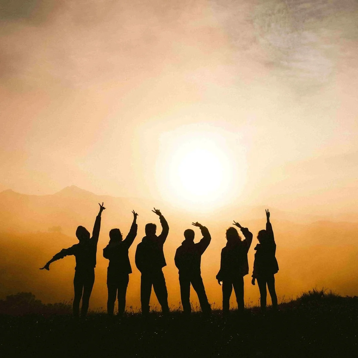 Silhouettes of six people standing on a hill at sunset, making peace signs and other gestures.