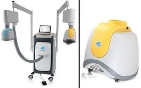 Brainsway Deep TMS machine with helmets attached and a close up of a yellow and white helmet used for treating Depression and OCD.