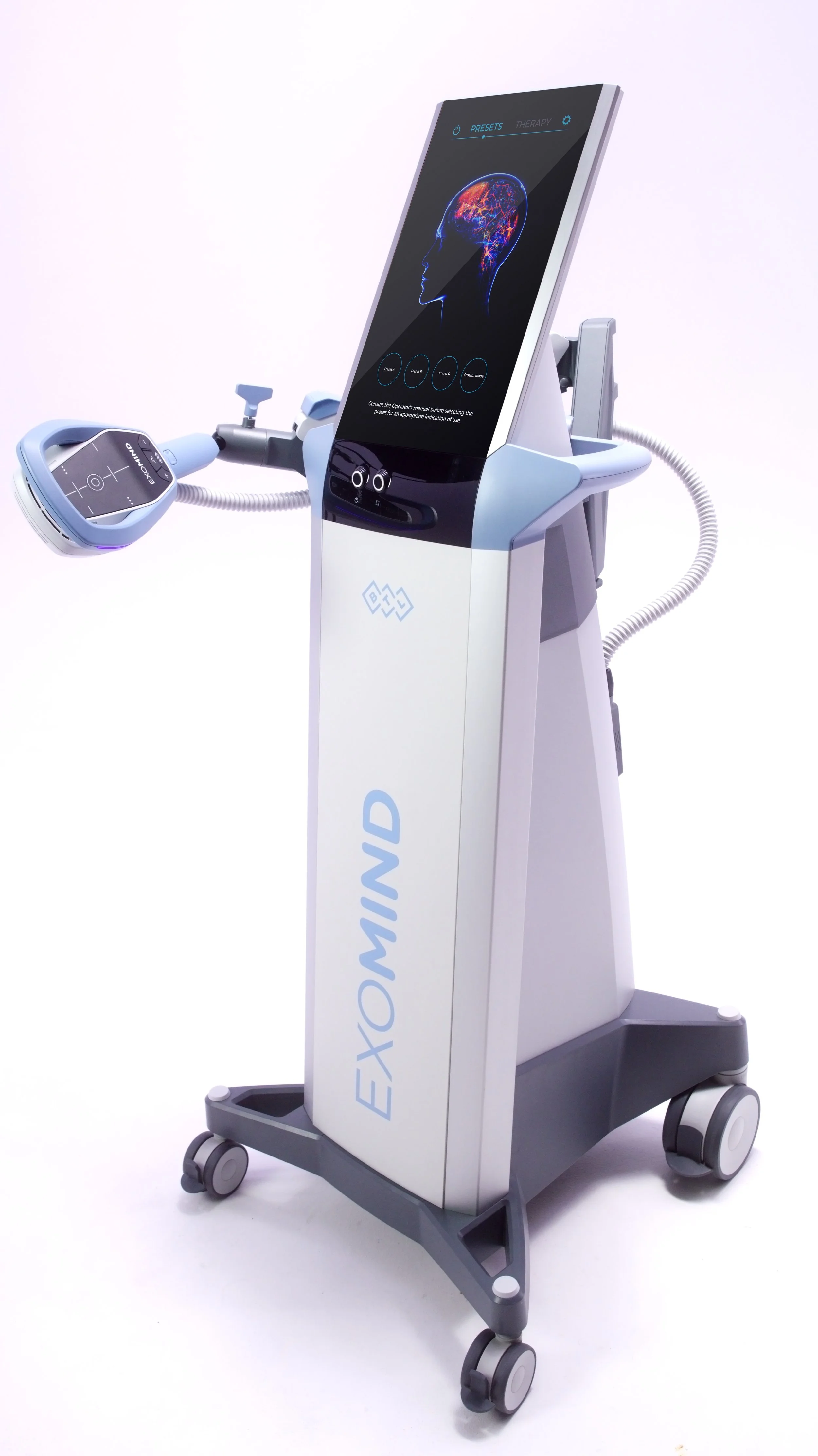 A medical device called ExoMind with a joystick and a digital screen displaying a human brain outline, used for neurological therapy or brain stimulation treatments.