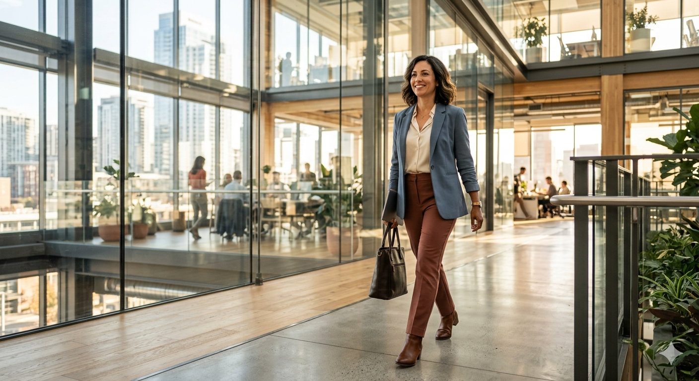A confident professional woman in walking purposefully through a modern office building with floor-to-ceiling glass walls.