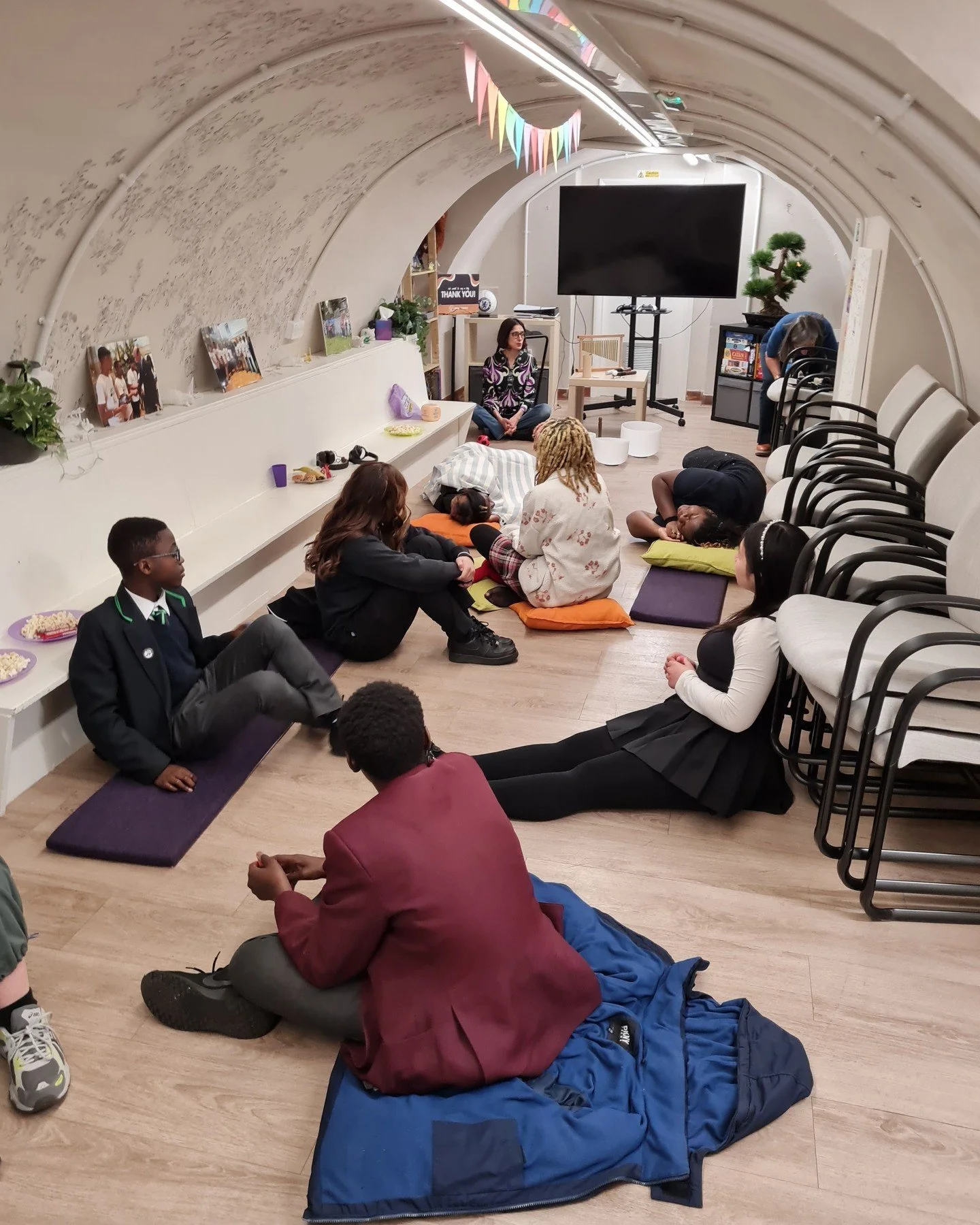 As part of Mental Health Awareness Week, our young people partook in a session that is part of our Six Ways to Wellbeing programme, with a soundbath led by the one and only @sujata_din. With exams just starting, it gave them the chance to ground them