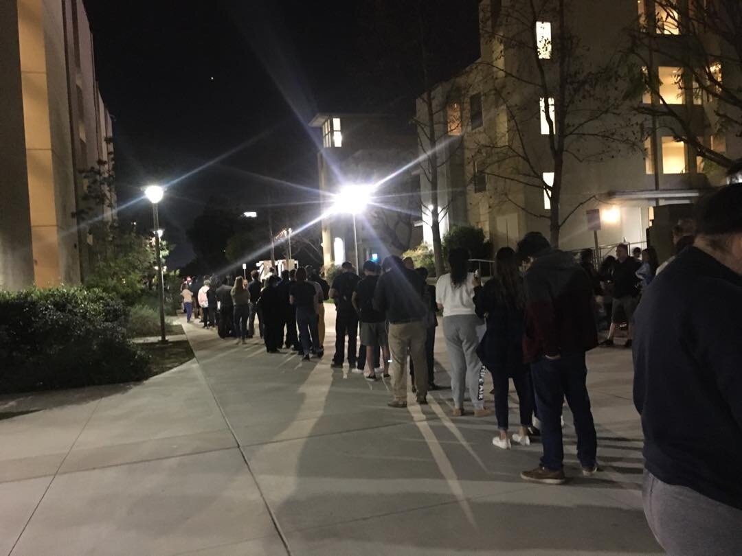 A very very long line here at Cal State Fullerton, waiting to vote.