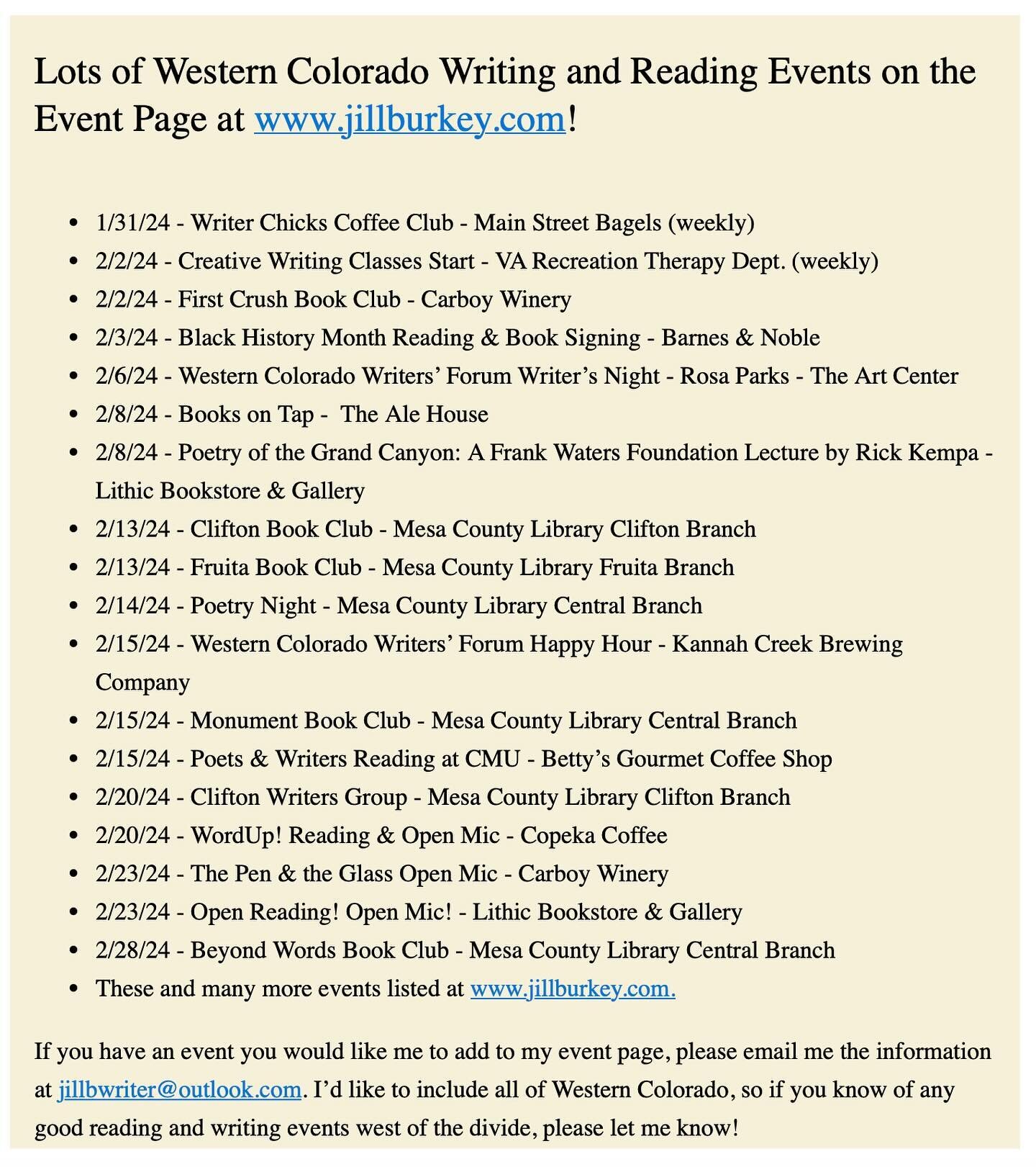 For those of you in Western Colorado, there are lots of writing and reading events coming up @carboywinery, @mesacountylib, @barnesandnoble, @westerncowriters, @lithicbookstore, @copeka_coffee, - go to the event page at www.jillburkey.com for more in