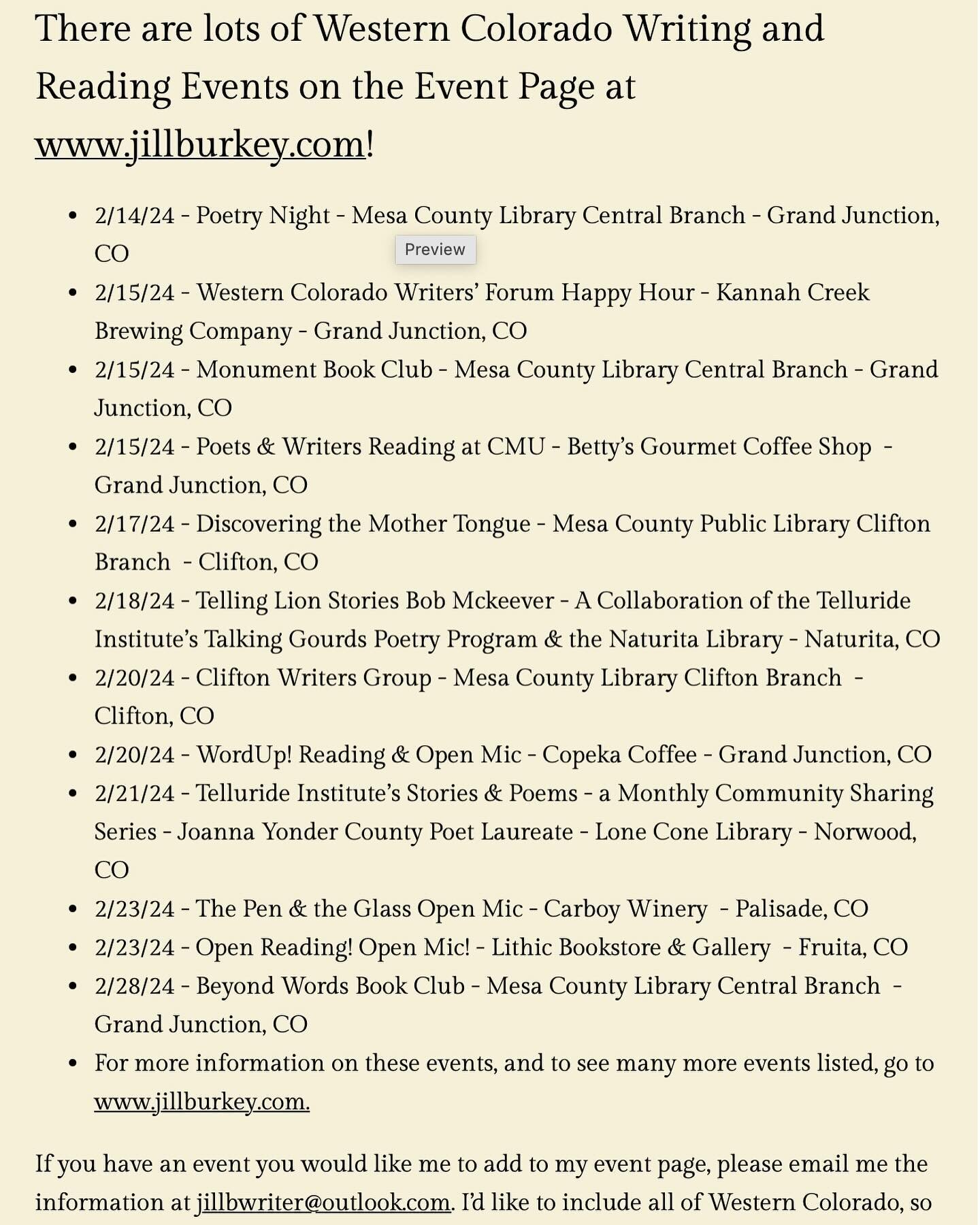 There are lots of writing and reading events coming up @carboywinery, @mesacountylib, @westerncowriters, @lithicbookstore, @naturitalibrary, @loneconelibrary, @telluride_institute, @copeka_coffee, - go to the event page at www.jillburkey.com for more