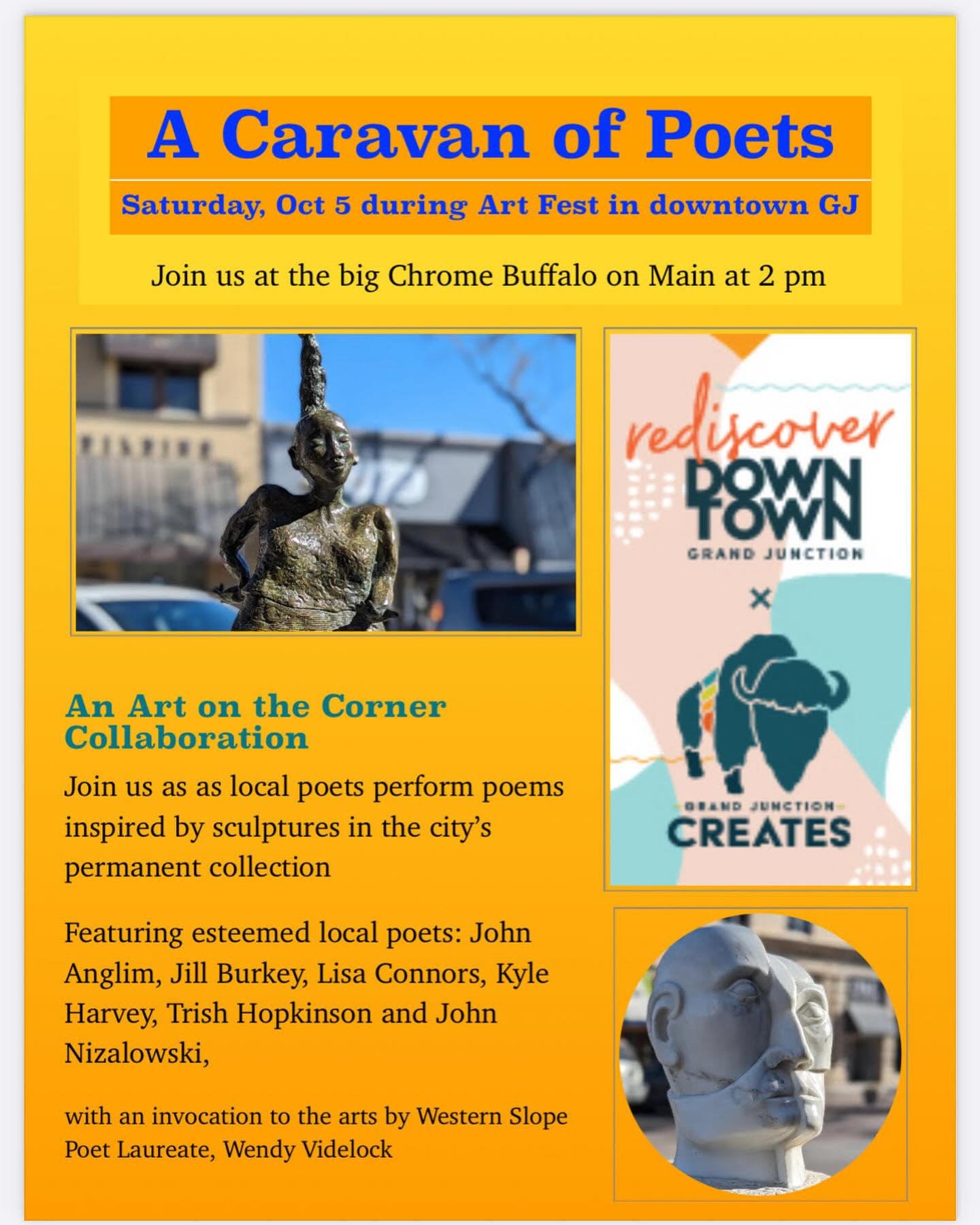 A fun event is happening this Saturday, October 5th that combines a lovely walk and two kinds of art! Join us for a caravan of poets reading their work to help celebrate the anniversary of Grand Junction&rsquo;s Art on the Corner public sculpture pro