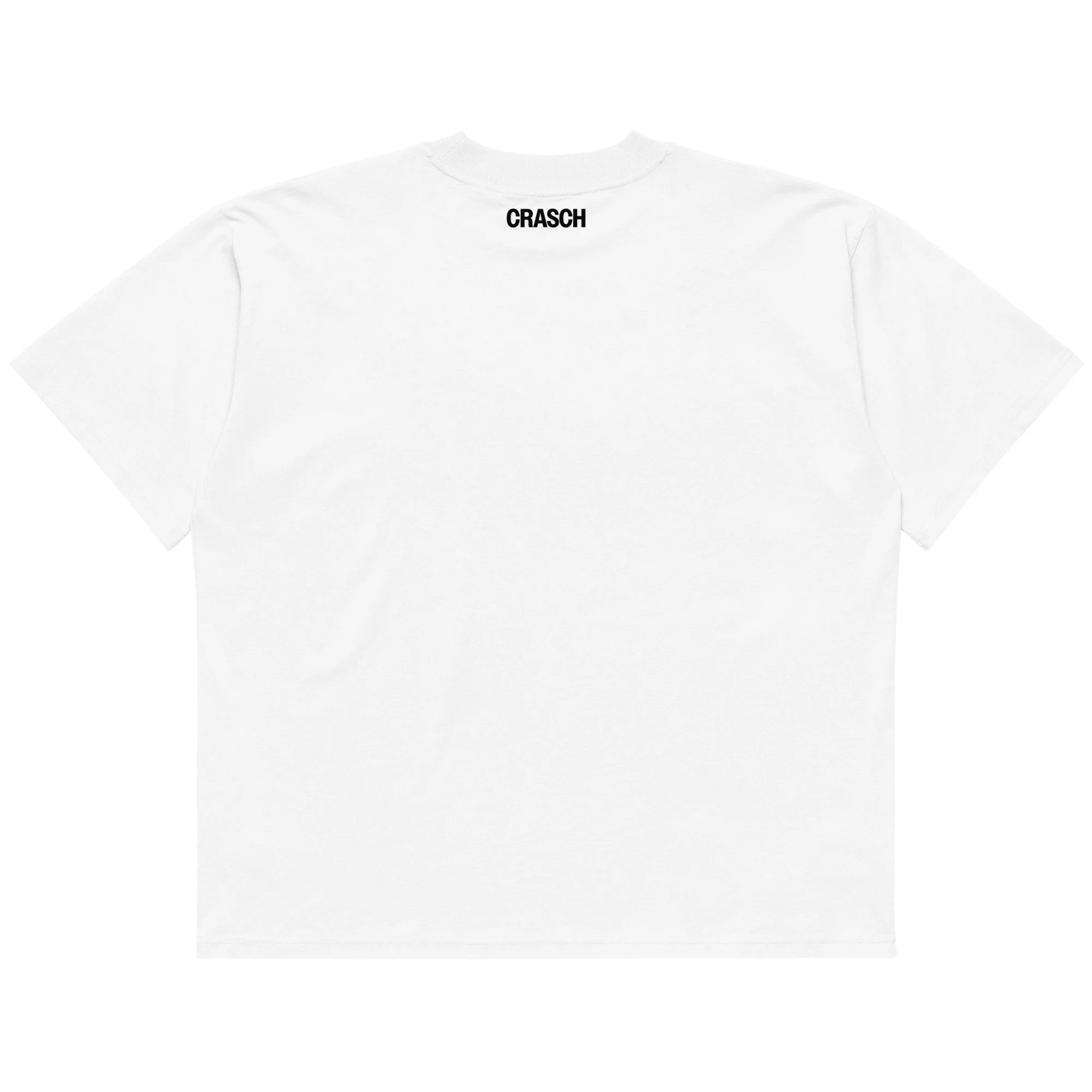 Back White Crasch Associate T-shirt with an embroidered knight-versus-hydra design at the left chest