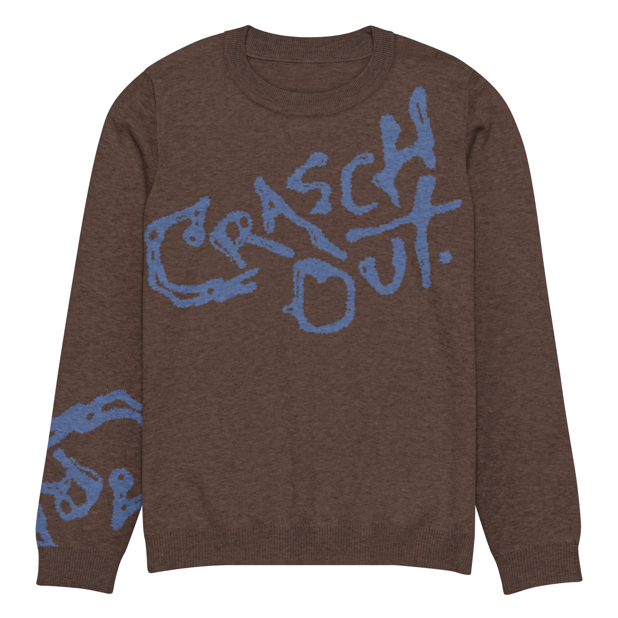 Back view of the brown Crasch Out Rachel sweater with the Crasch Out logo knitted in blue graffiti script