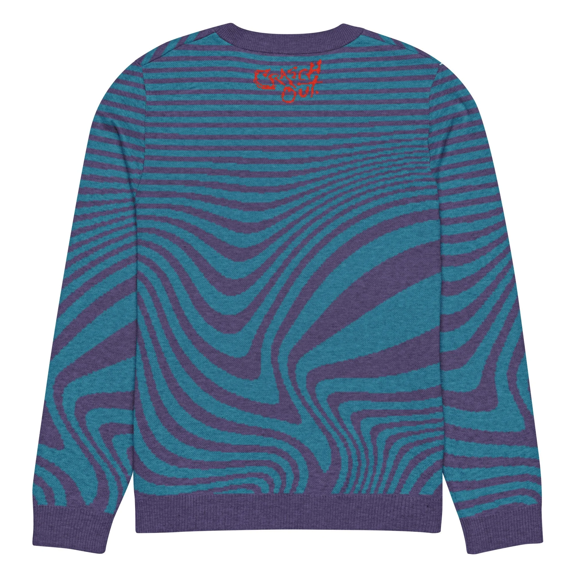 Back view of The Austin warped stripe jacquard sweater in blue, teal and purple