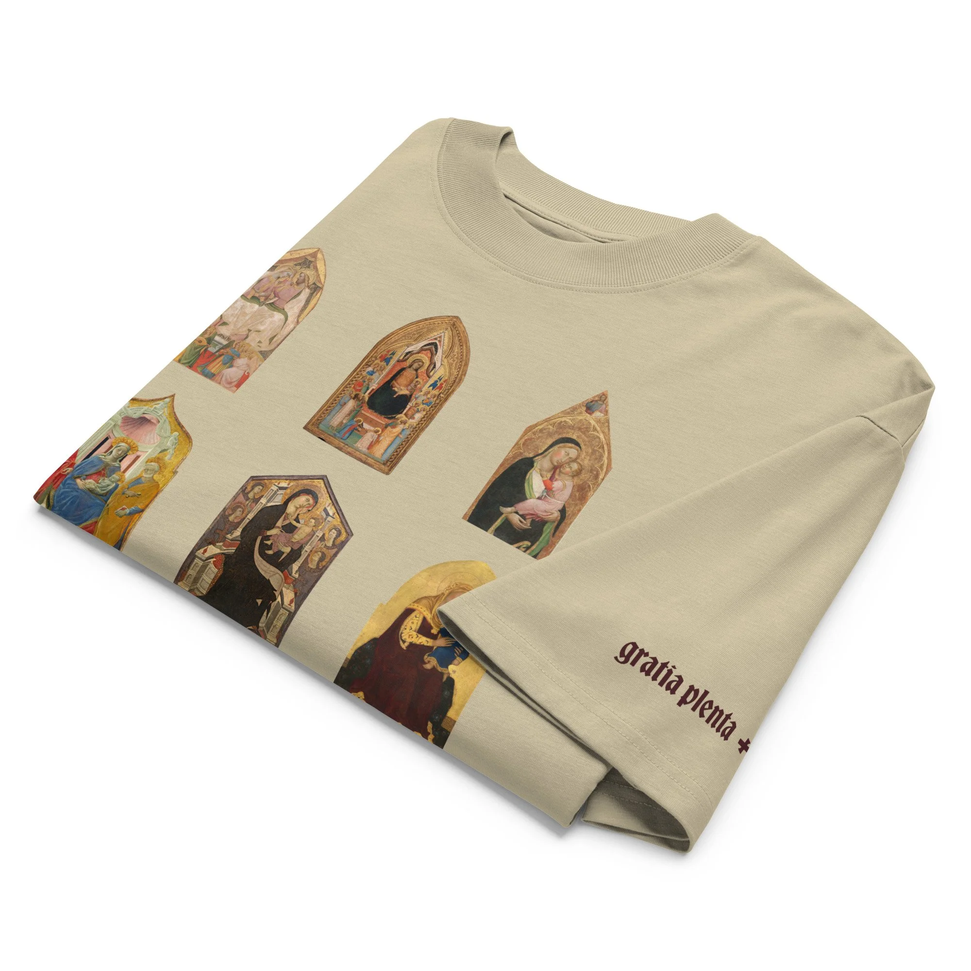 Folded Oversized Crasch T-shirt featuring a grid of Renaissance-style Madonna-and-Child artwork