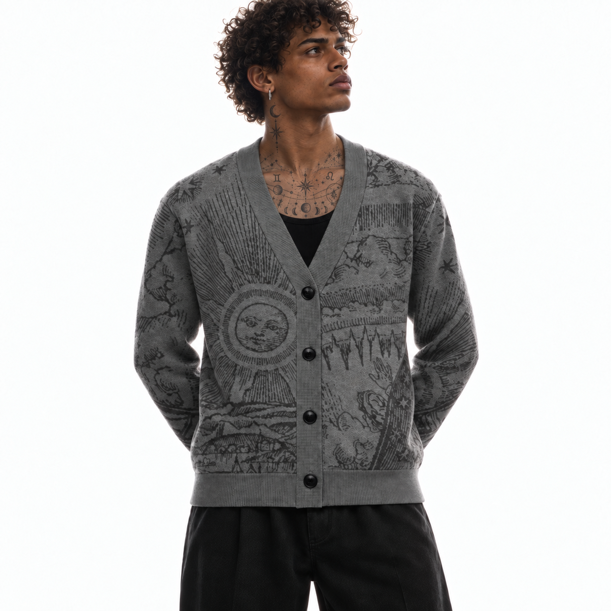 Model wearing The Anderson celestial cardigan with hands behind his back