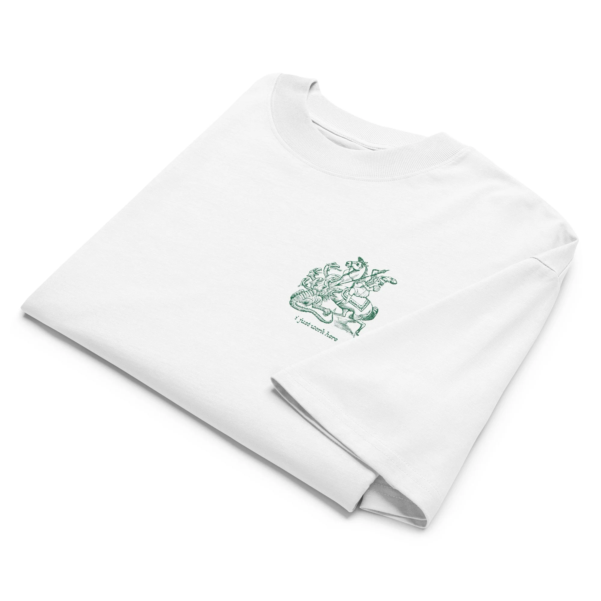 Folded White Crasch Associate T-shirt with an embroidered knight-versus-hydra design at the left chest