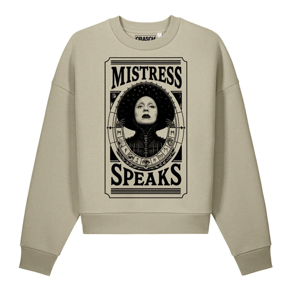 Front view of the bone Crasch Out Mistress sweatshirt with a fortune-teller card graphic inspired by Lady Gaga's Mistress of Mayhem
