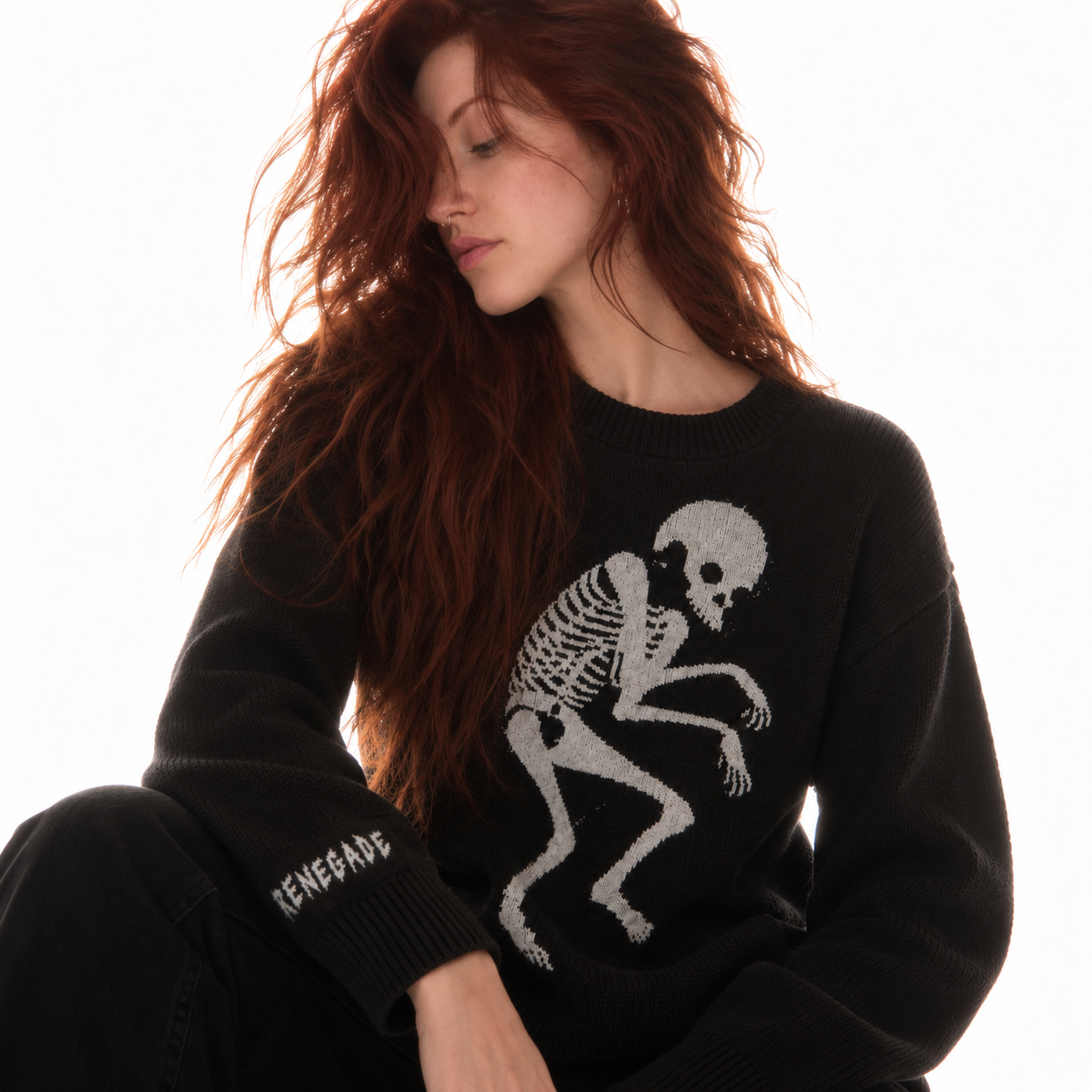 Model wearing The Renegade black jacquard sweater with Japanese ukiyo-e artwork.