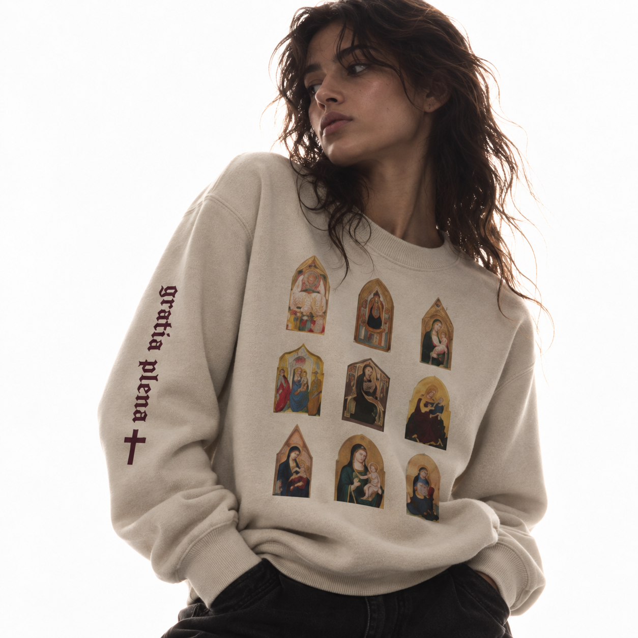 On model view of the bone Crasch Out Madonna sweatshirt with a grid of nine Madonna-and-child paintings