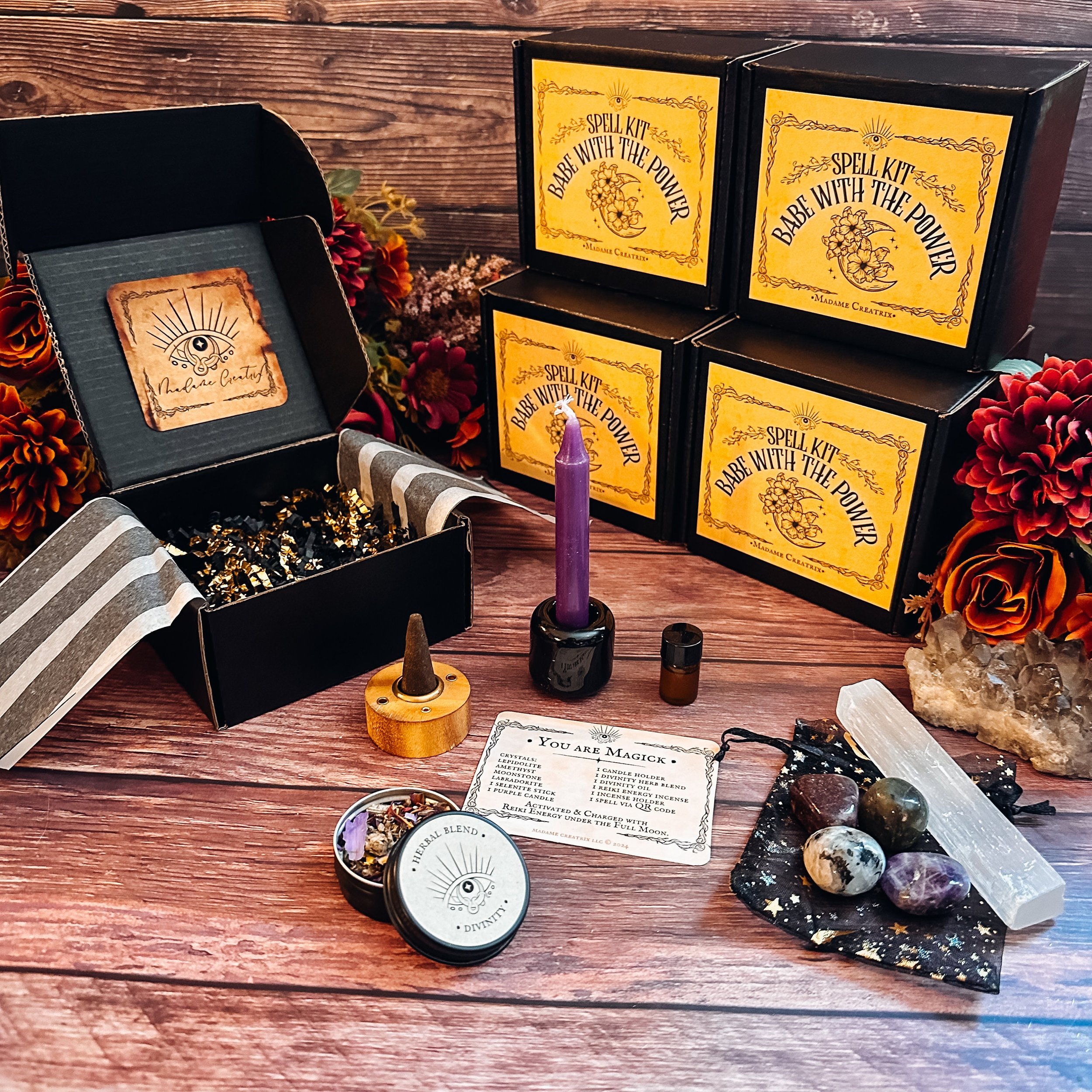 Unleash your inner power with our Babe with the Power Spell Kit. Customize your magical journey with crystals, candles, herbs, and more. All kits are Reiki-charged and moon-blessed.