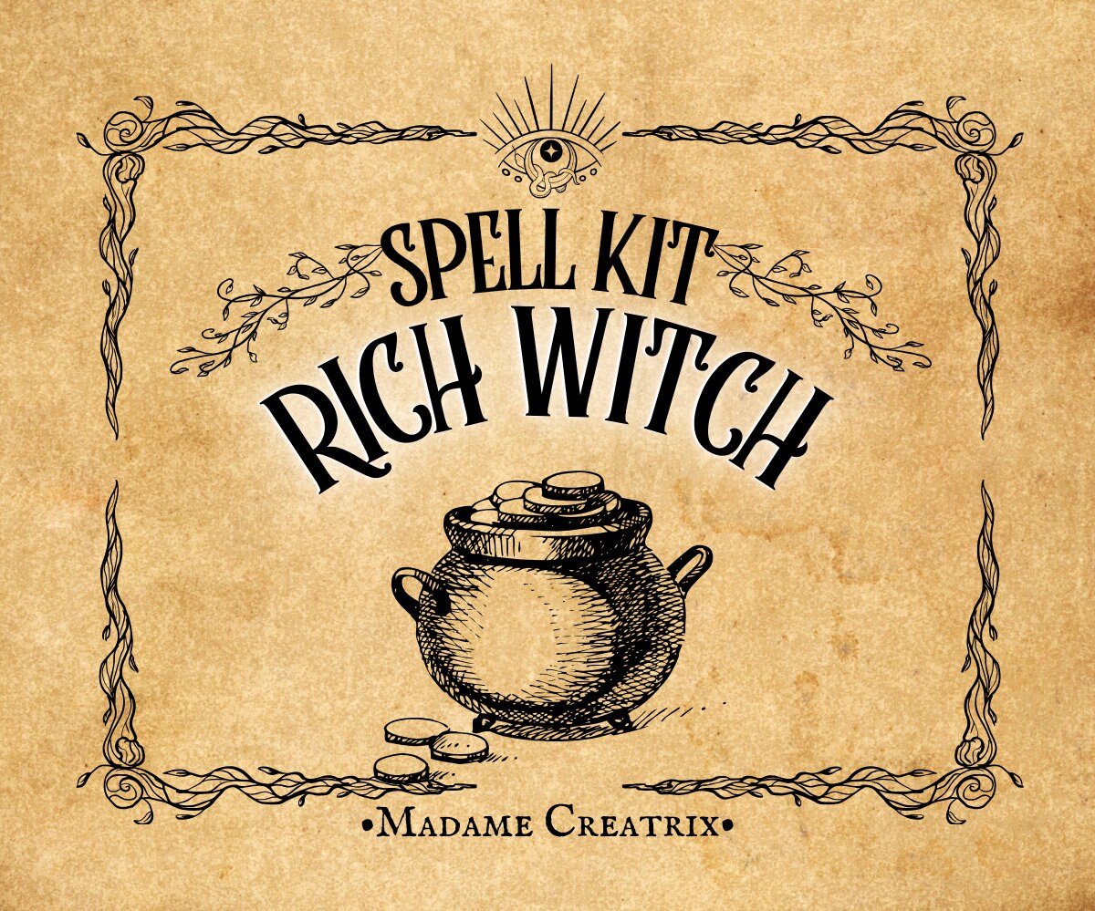 Rich Witch Spell Kit contents: crystals, green candle, herbal blend, oil, and incense displayed beautifully.