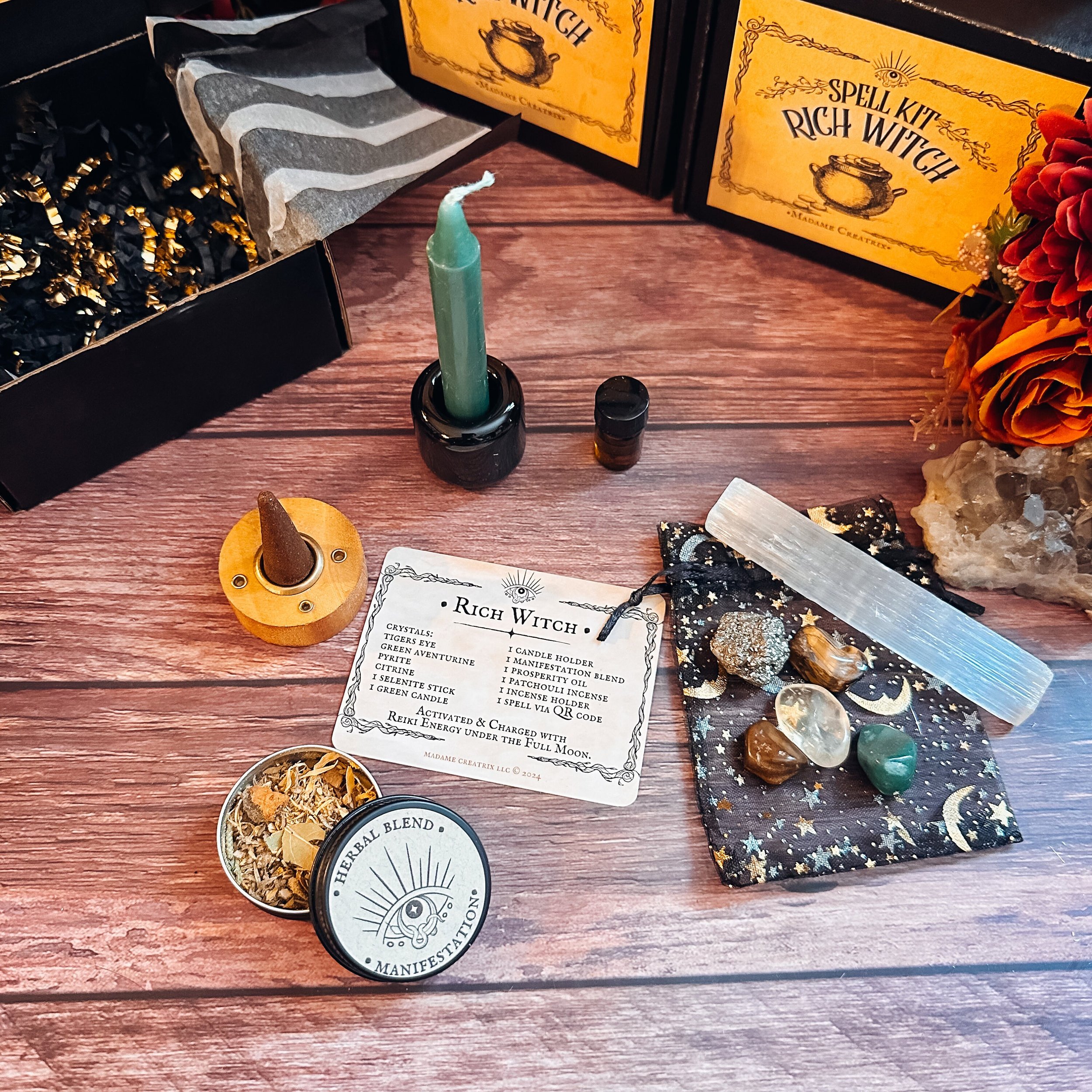Close-up of crystals included: Tiger’s Eye, Green Aventurine, Pyrite, Citrine, and Selenite. Green chime candle with ceramic holder and Prosperity oil, ready for ritual use.