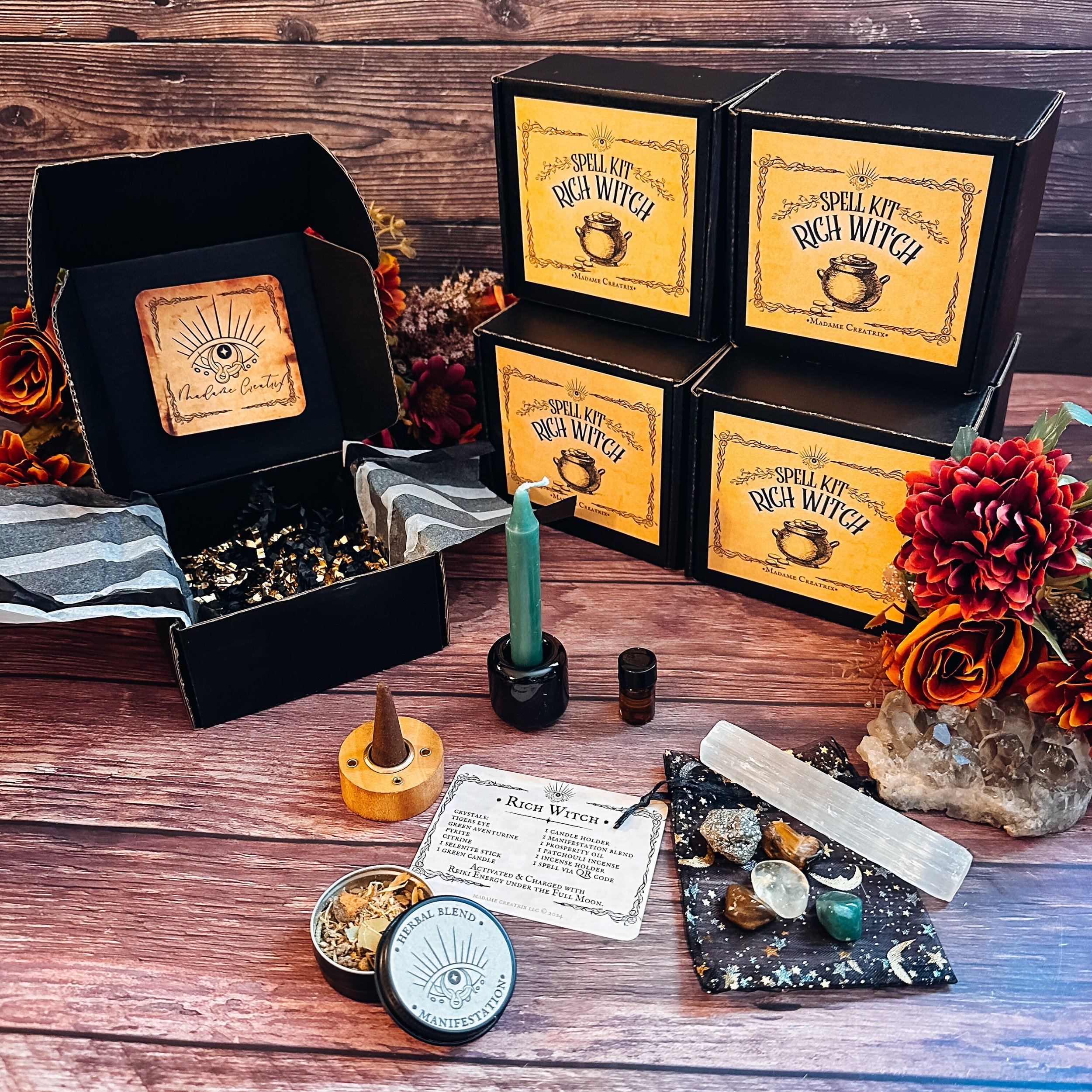 Close-up of crystals included: Tiger’s Eye, Green Aventurine, Pyrite, Citrine, and Selenite. Green chime candle with ceramic holder and Prosperity oil, ready for ritual use.