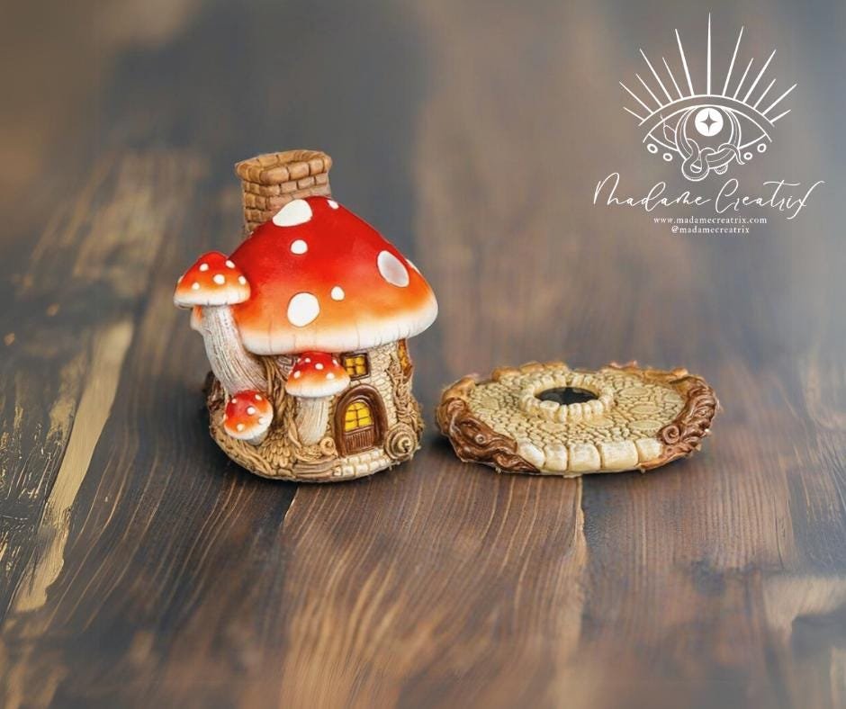 Mushroom house cone burner with incense cone placed on the heat-safe burn disc.