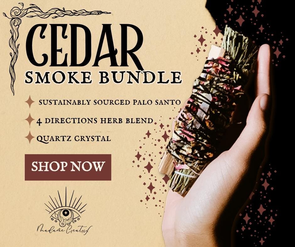 Cleansing bundle with Cedar, Palo Santo, and crystal, styled on an altar for spiritual use.