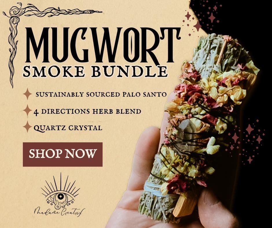 Smudge bundle featuring Mugwort, Palo Santo, and a crystal for spiritual cleansing and blessings.