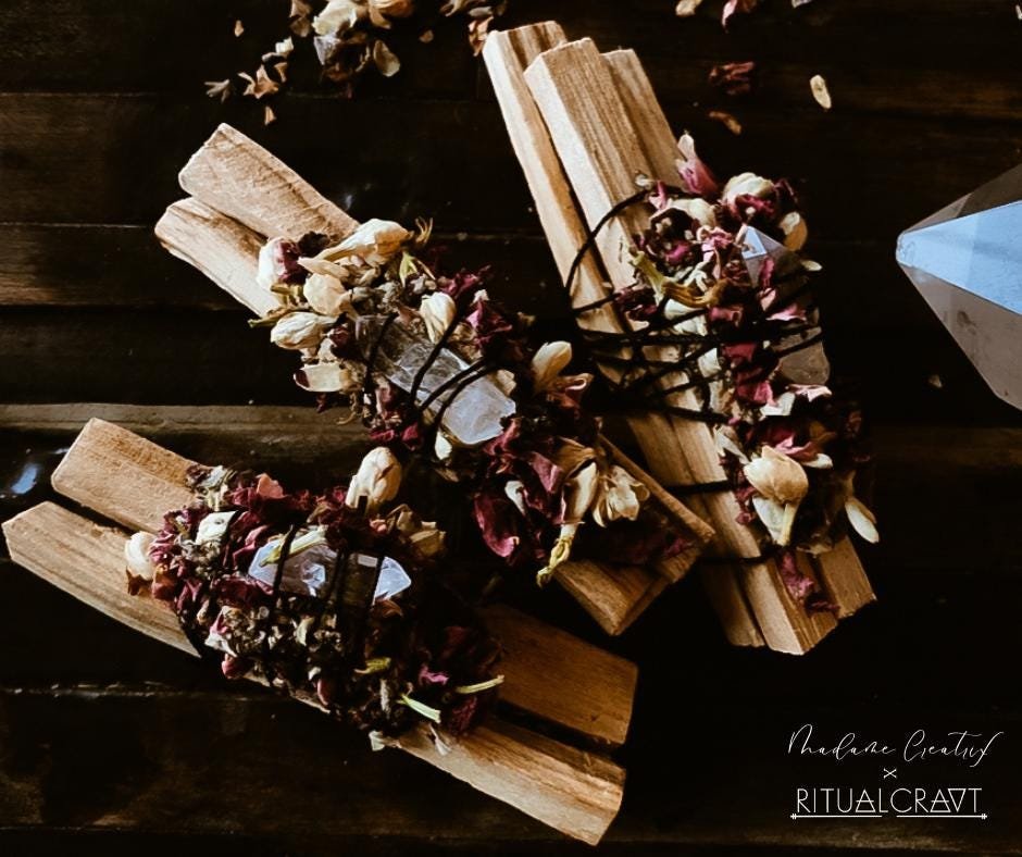 Ritual bundle featuring Palo Santo, crystal, and herbal blend, perfect for sacred ceremonies and meditation.