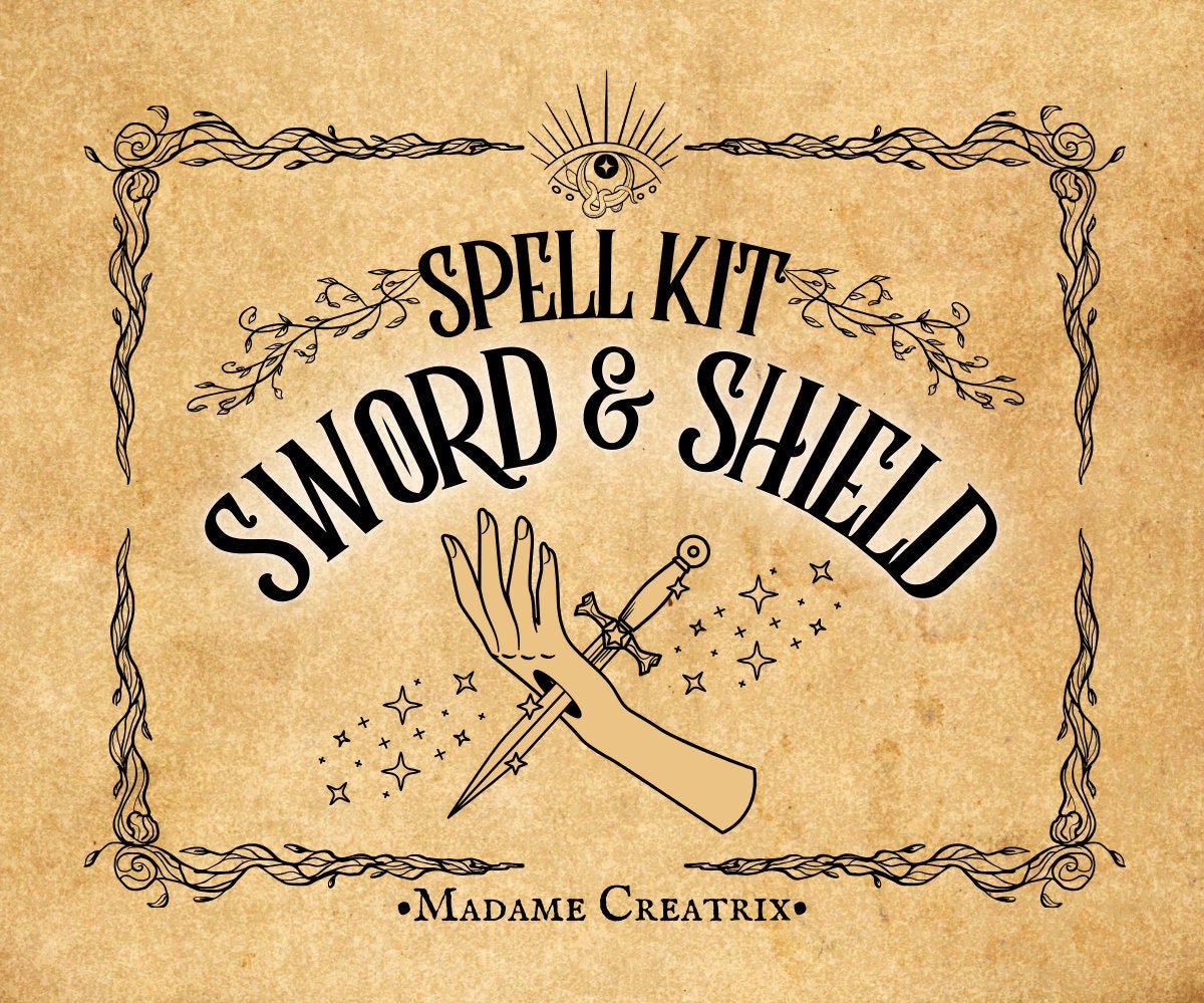 Sword & Shield Spell Kit contents: crystals, candle, herbal blend, oil, incense, and holder displayed beautifully.