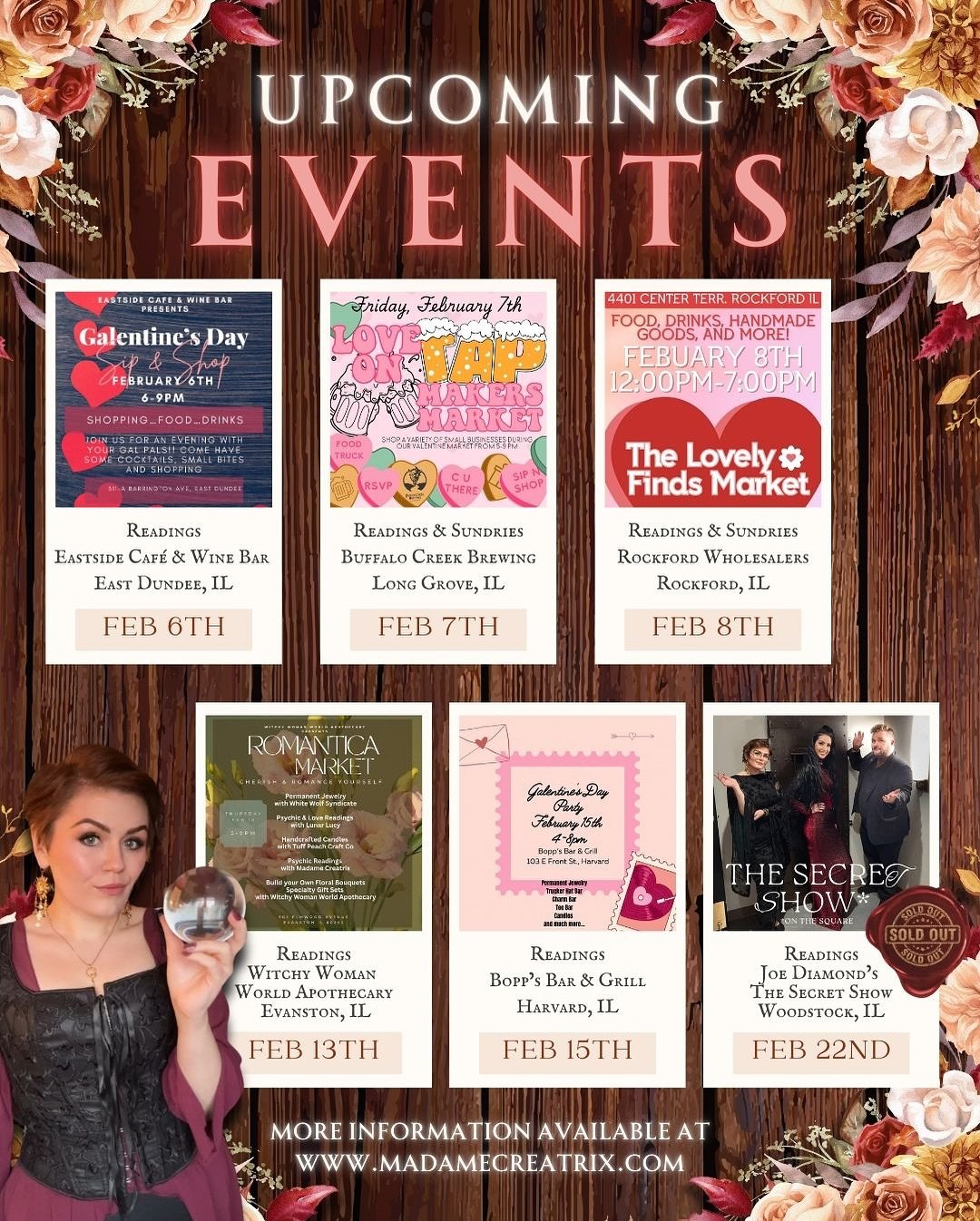 Where to find your favorite Emotional Support Witch for in-person Readings &amp; Sundries this February
💕 💝 💕
Can&rsquo;t made it to one of the in-person events? Book a virtual reading. 

&bull; Love Readings &bull; Lupercalia &bull; Valentine&rsq