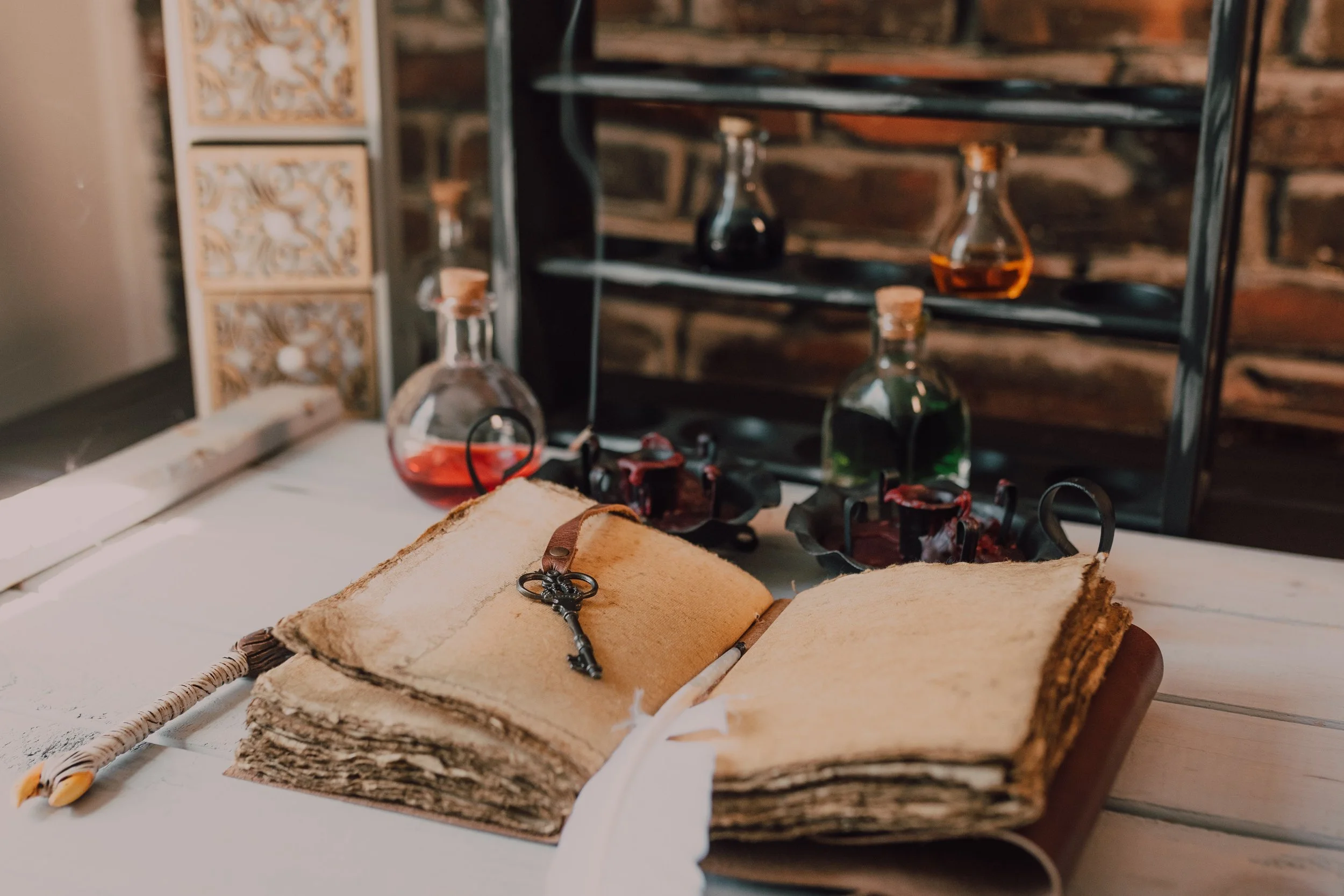 A magical book is open with a feather and a key on it. Potion bottles and an apothecary cabinet can be seen behind them.