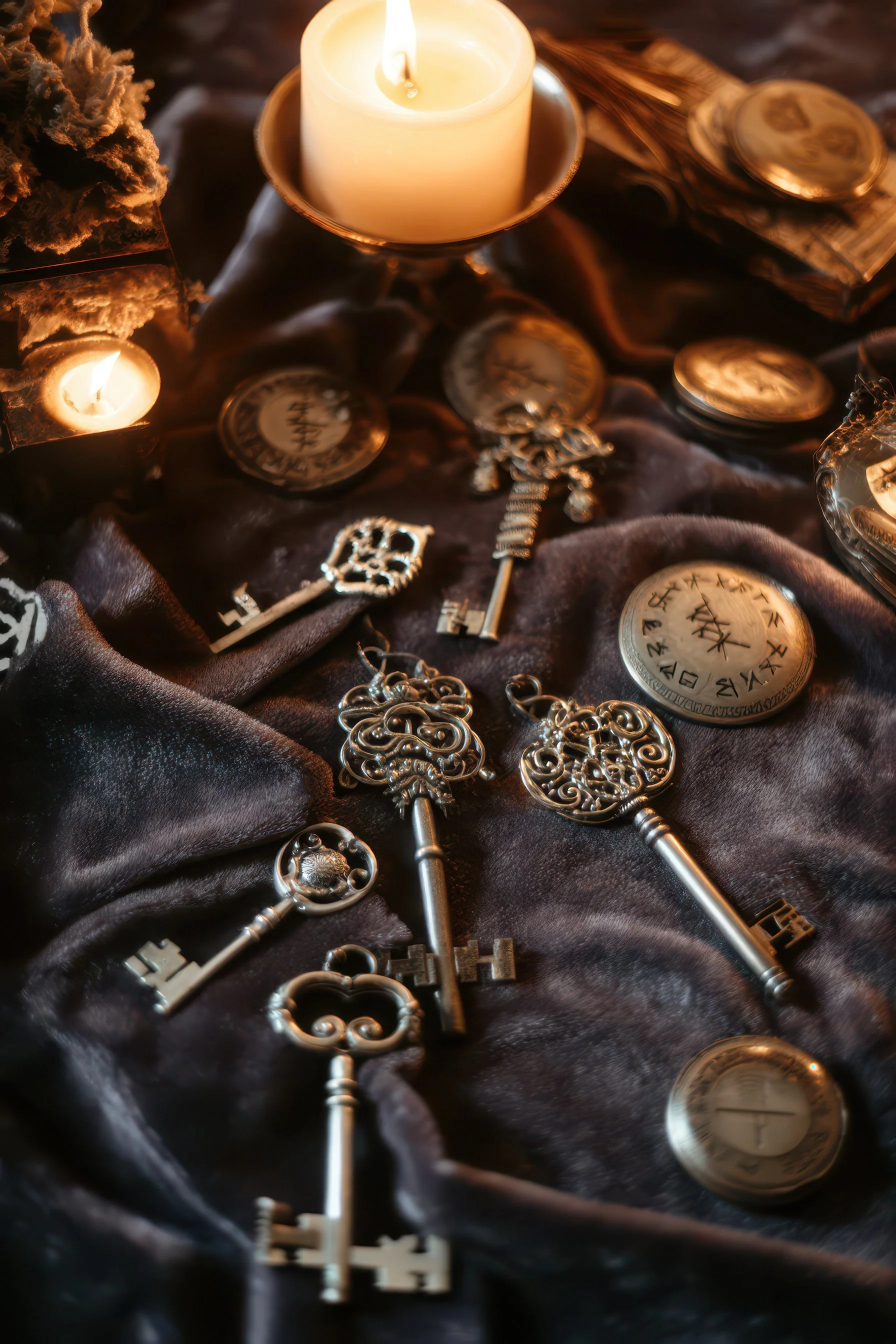 Various antique keys and coins arranged on a dark satin cloth, with candles providing warm lighting.