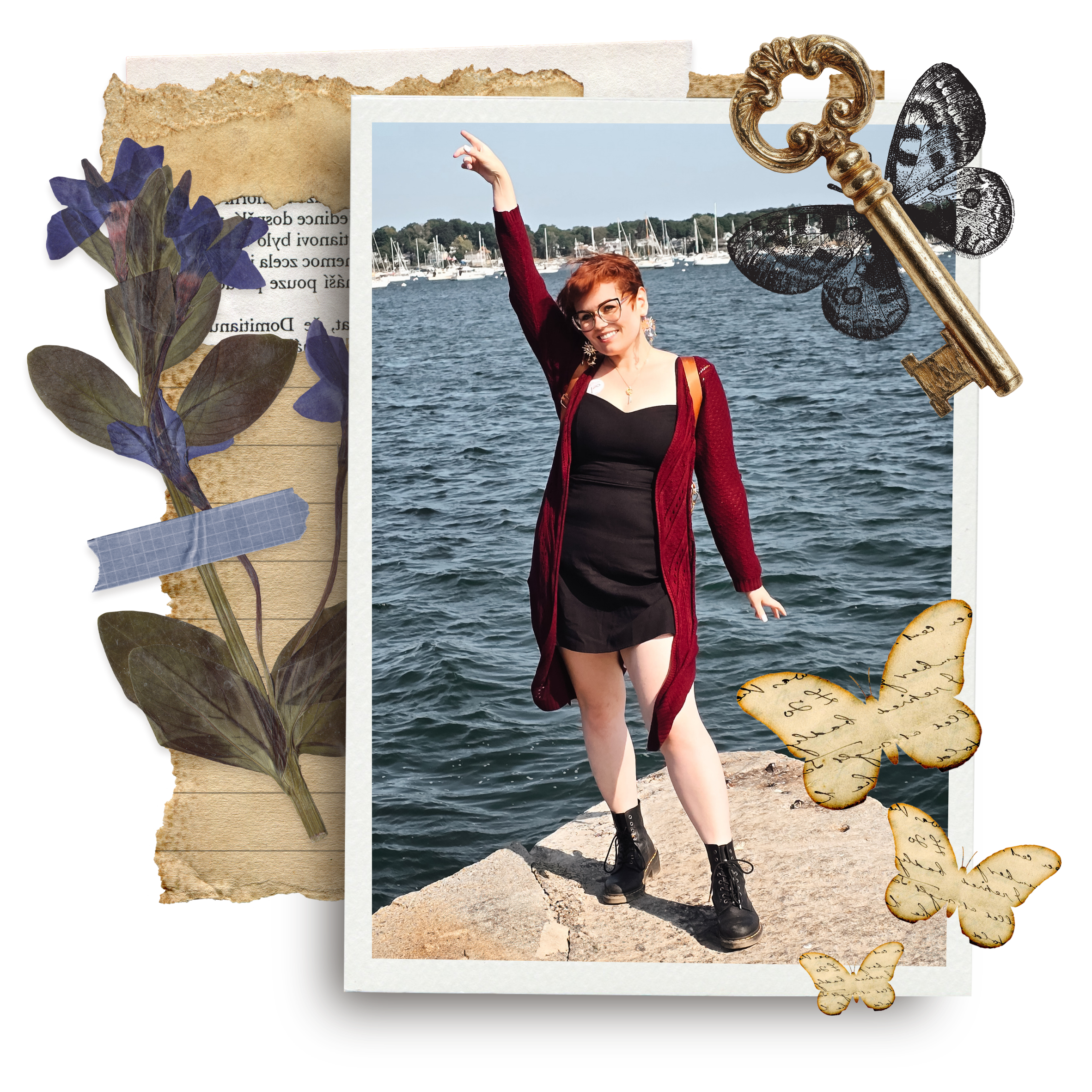 Madame Creatrix smiles standing at the edge of a pier over looking a harbor to the ocean.