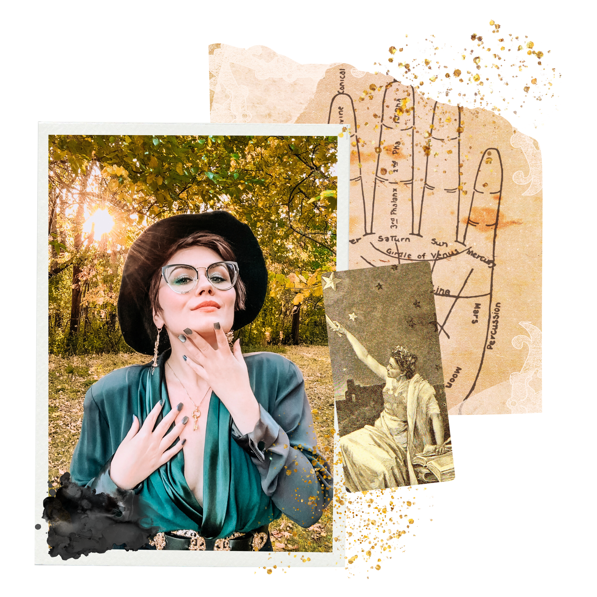 Madame Creatrix Smiles as she caresses her face and neck with the autumn trees and sunset behind her.
