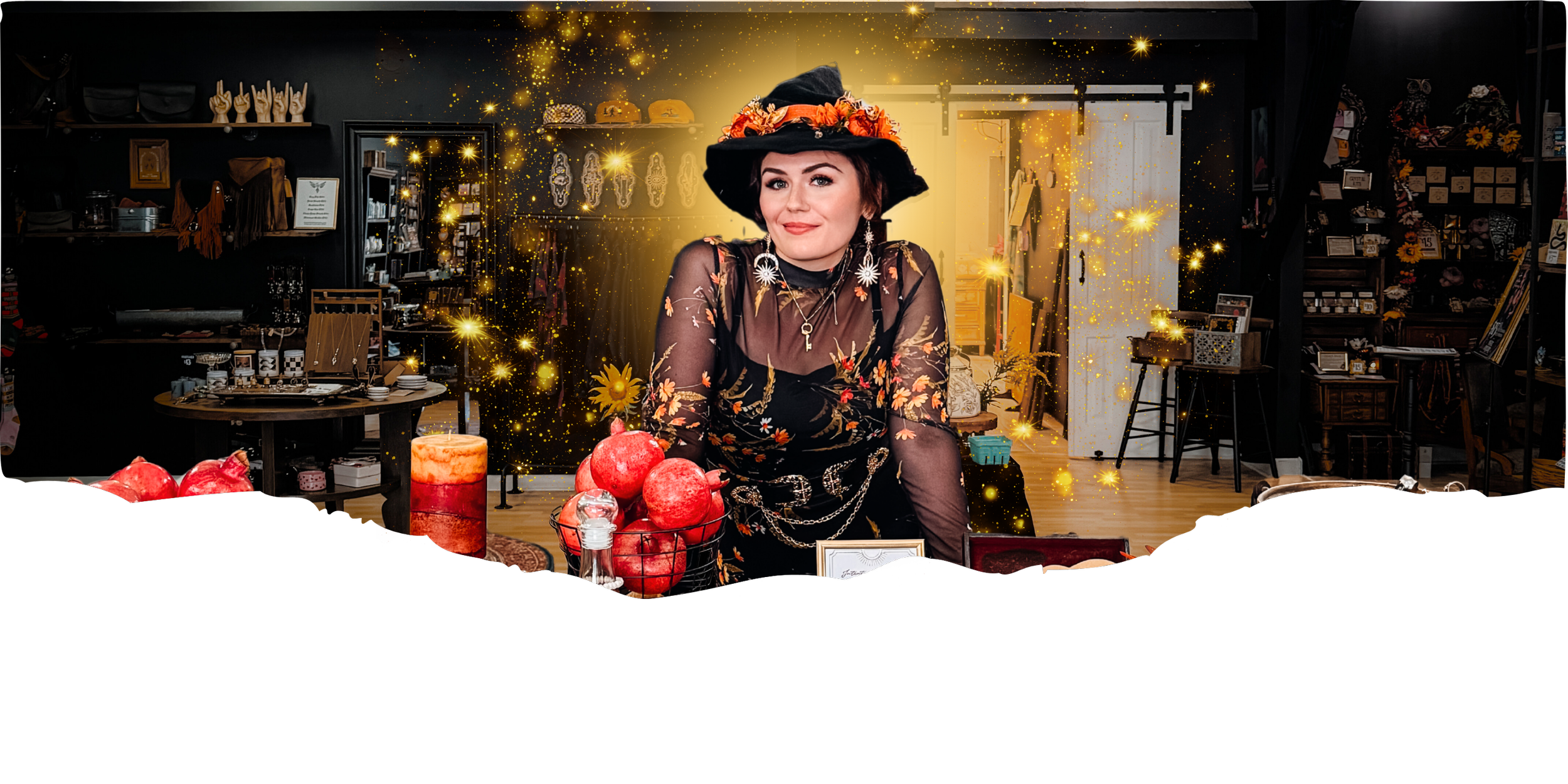 Madame Creatrix stands at an altar filled with pomegranates and candles waiting to start her magic.