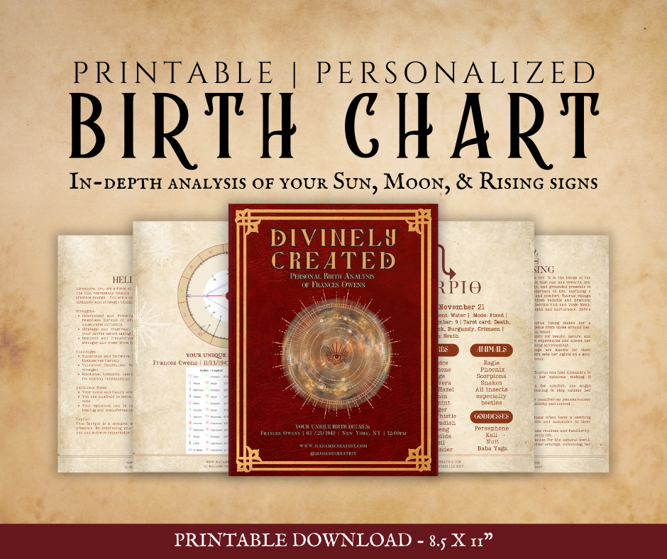 Personalized Birth Chart PDF with Sun, Moon, and Rising Sign Analysis – A beautifully designed 10-page astrology chart focused on your unique cosmic blueprint.
