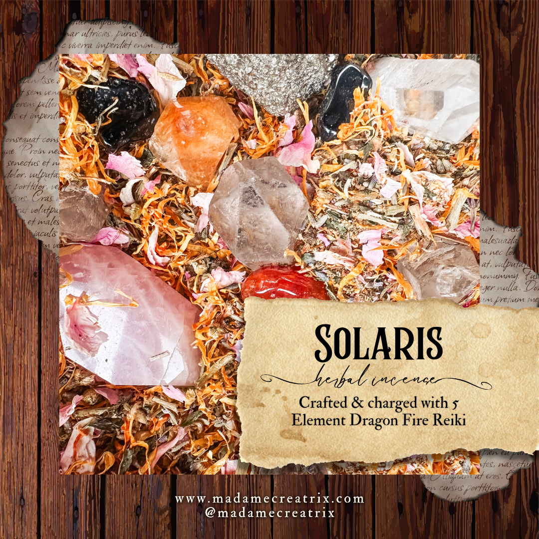 Introducing Solaris, a bespoke handcrafted herbal incense blend designed to awaken the third eye and bring light to situations clouded by darkness.