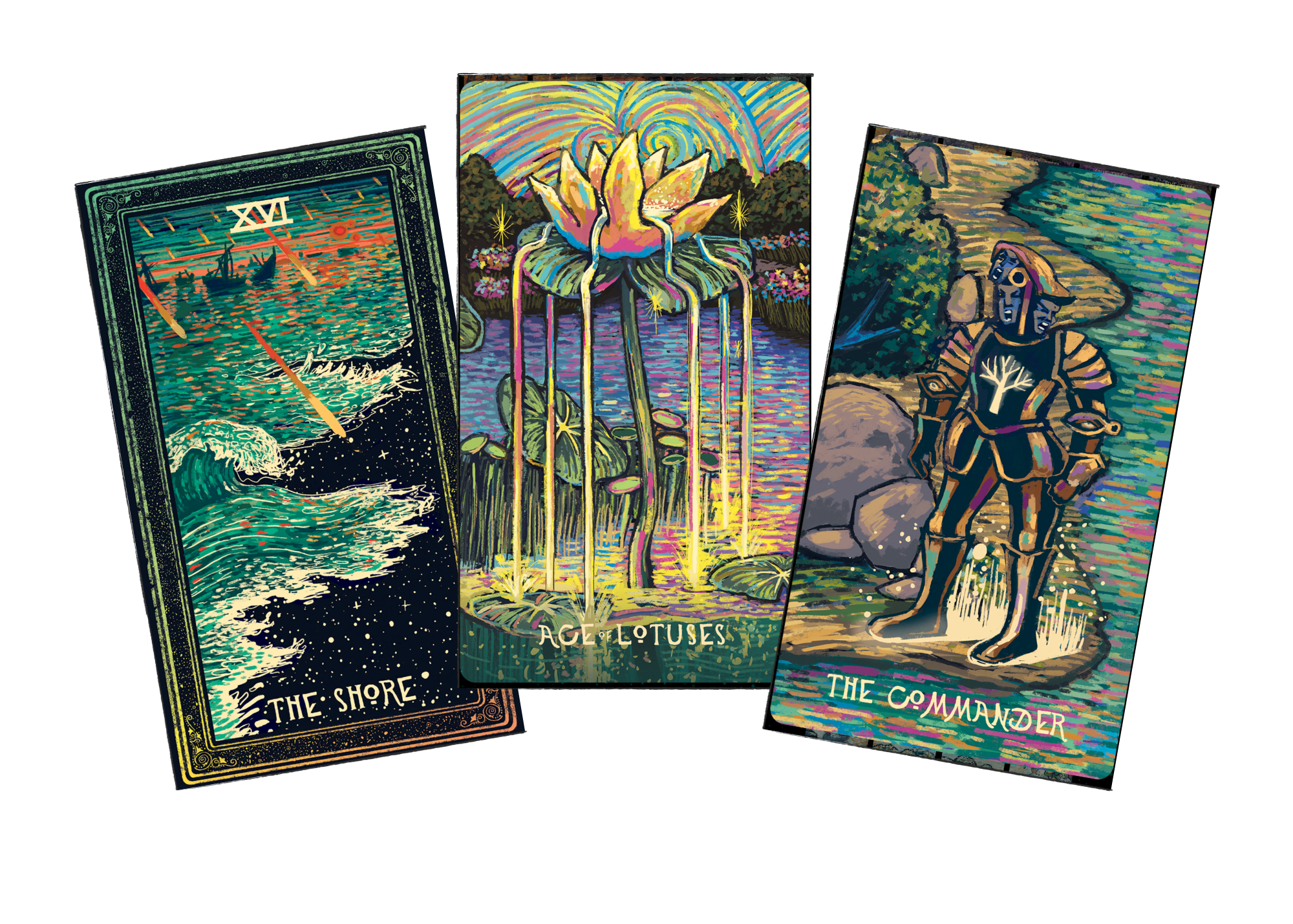 Three Tarot Cards by James R. Eads spread out in the order they were pulled: number 14 is the shore, then the ace of lotuses, concluding with the commander.
