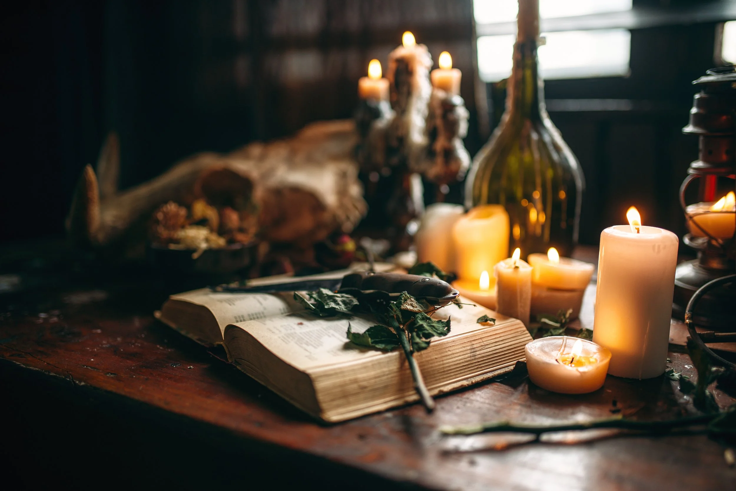Candles,jars, and herbs splay out across a wooden table. In the center is an open ancient book with a leafy stalk laid across it.