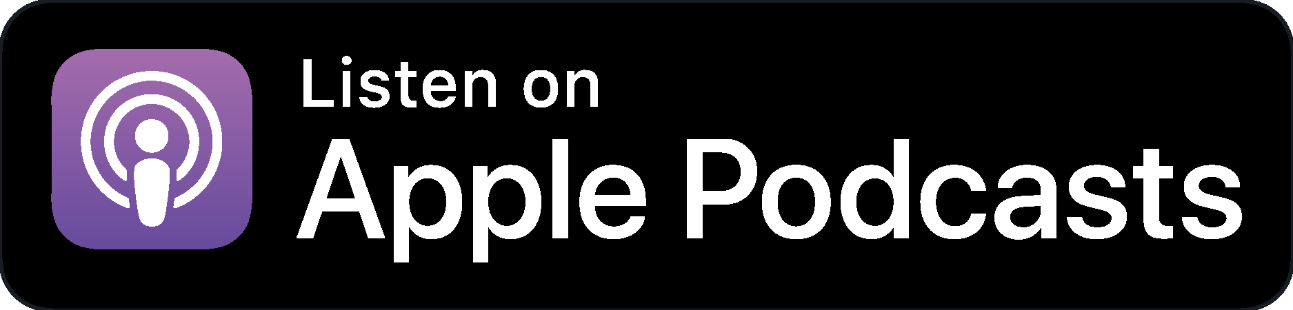 Podcast app logo with purple icon and white text that says "Listen on Apple Podcasts"