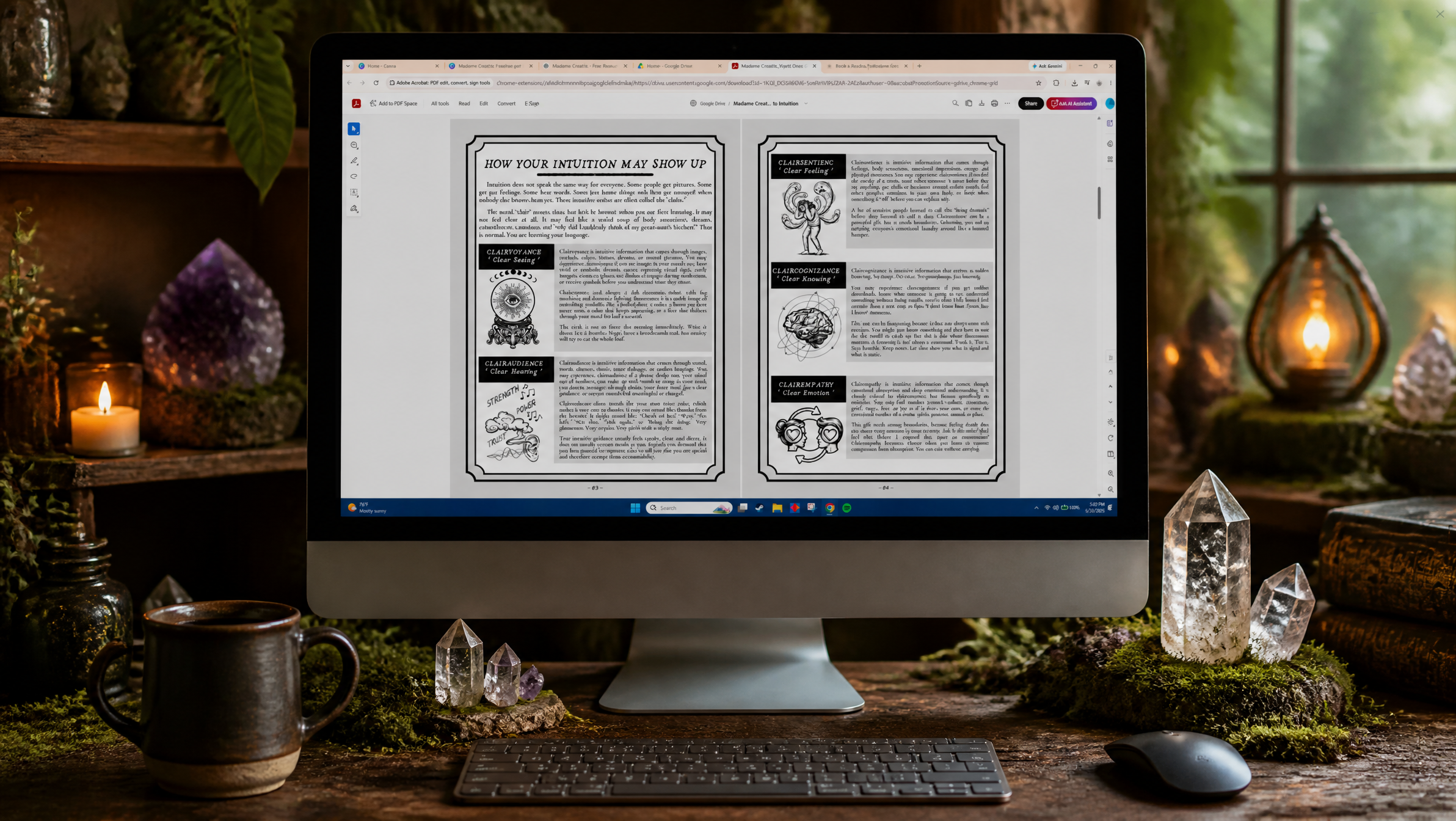 Desktop computer displaying pages from The Wyrd One’s Guide to Intuition in a mossy, candlelit workspace with crystals and books.
