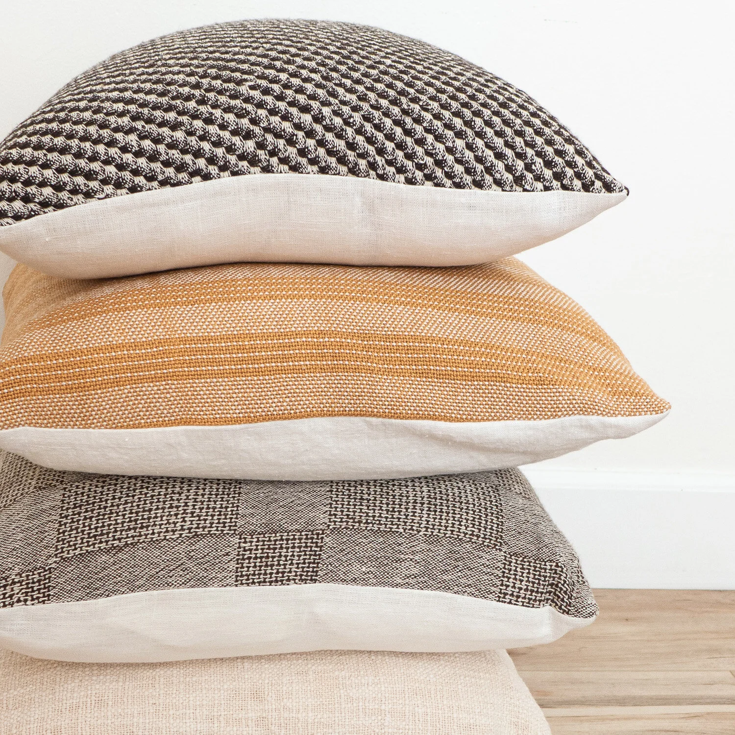 Stack of Handwoven Black Diamond Hemp Pillows