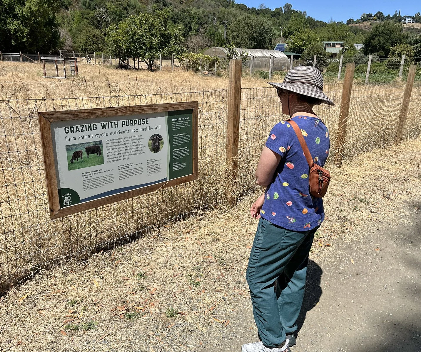 Woman reading sign, headlined "Grazing with Purpose," on pasture fence