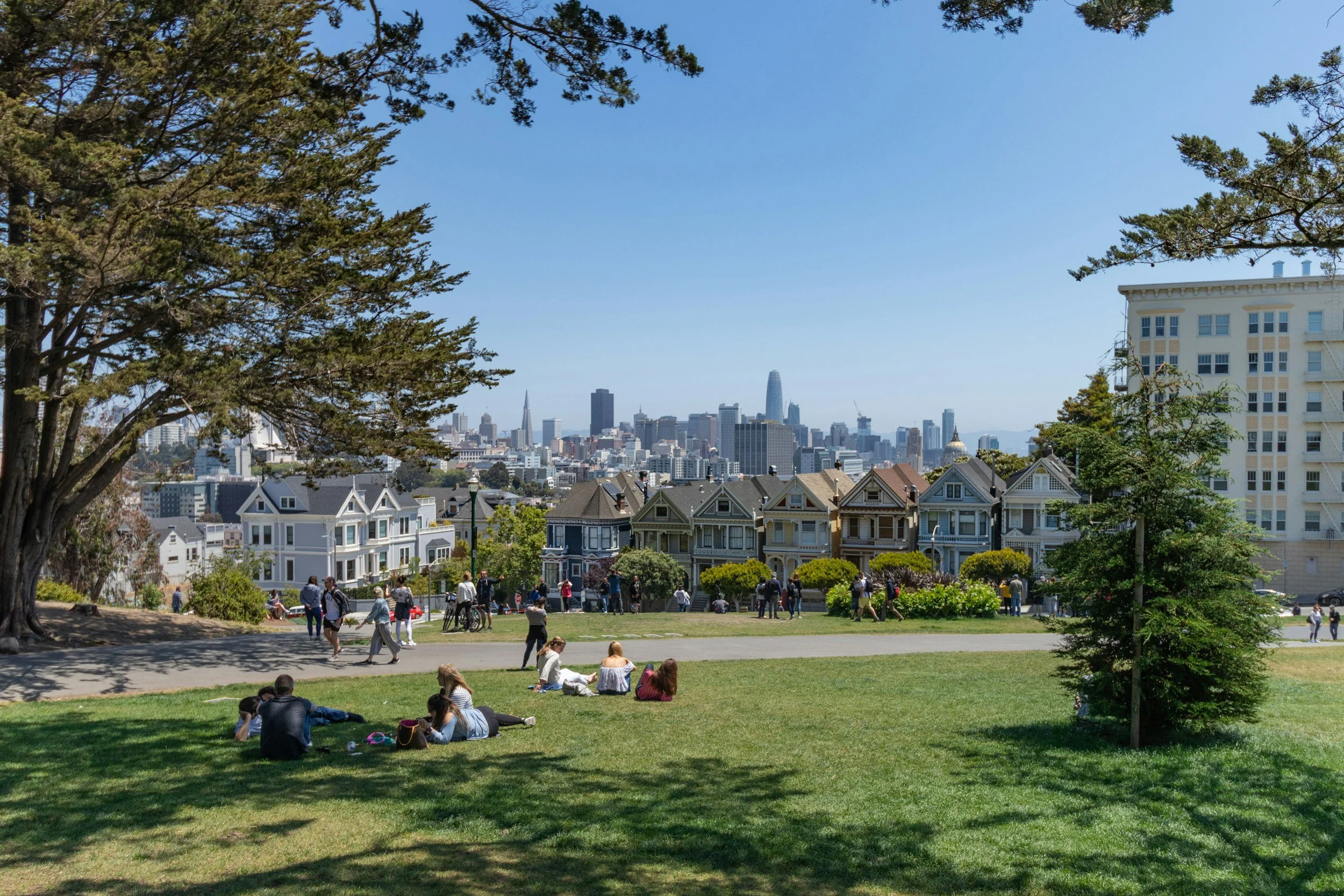 San Franciscans enjoying a sunny day in Alamo Square Park - California Online Therapy